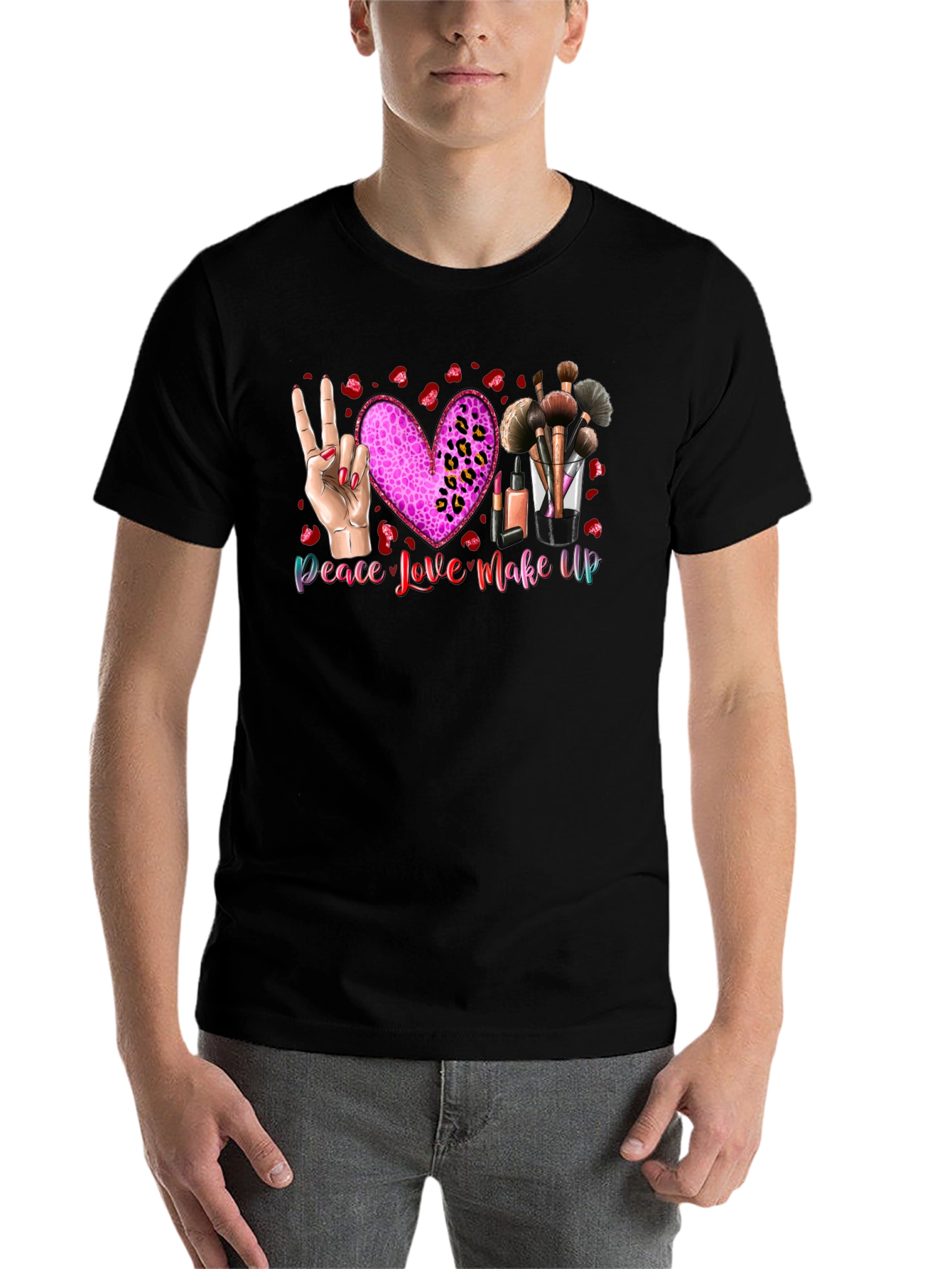 Black Peace Love Makeup T-Shirt, Beauty Graphic Tee view 7