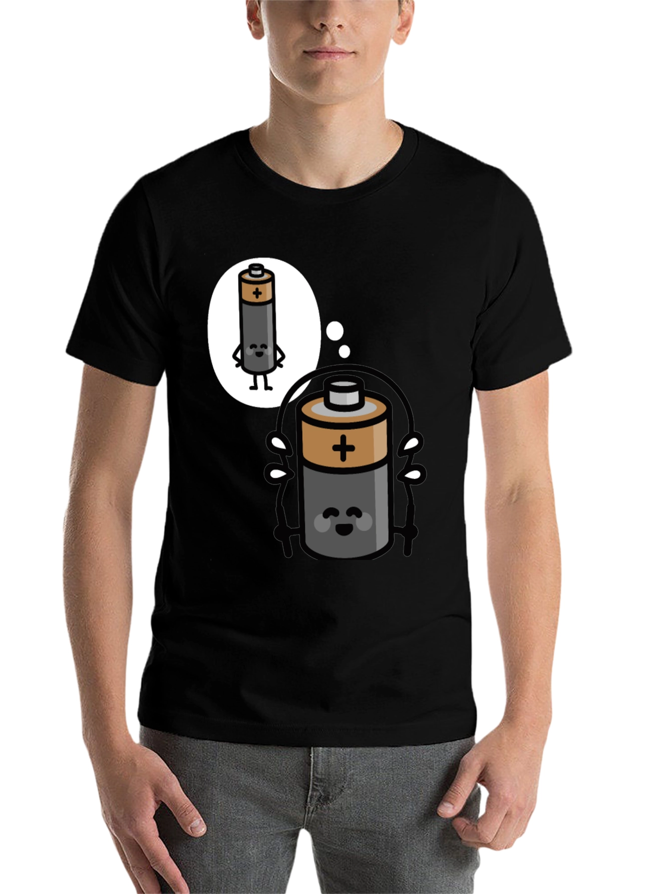 Black Funny Battery Cartoon T-Shirt - Energy Humor Tee view 7