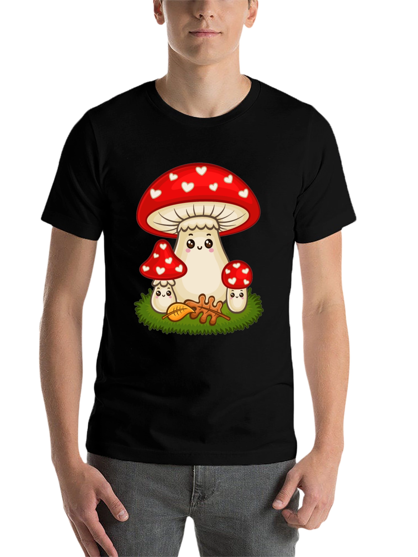 Black Cute Mushroom T-Shirt - Heart Pattern view 7