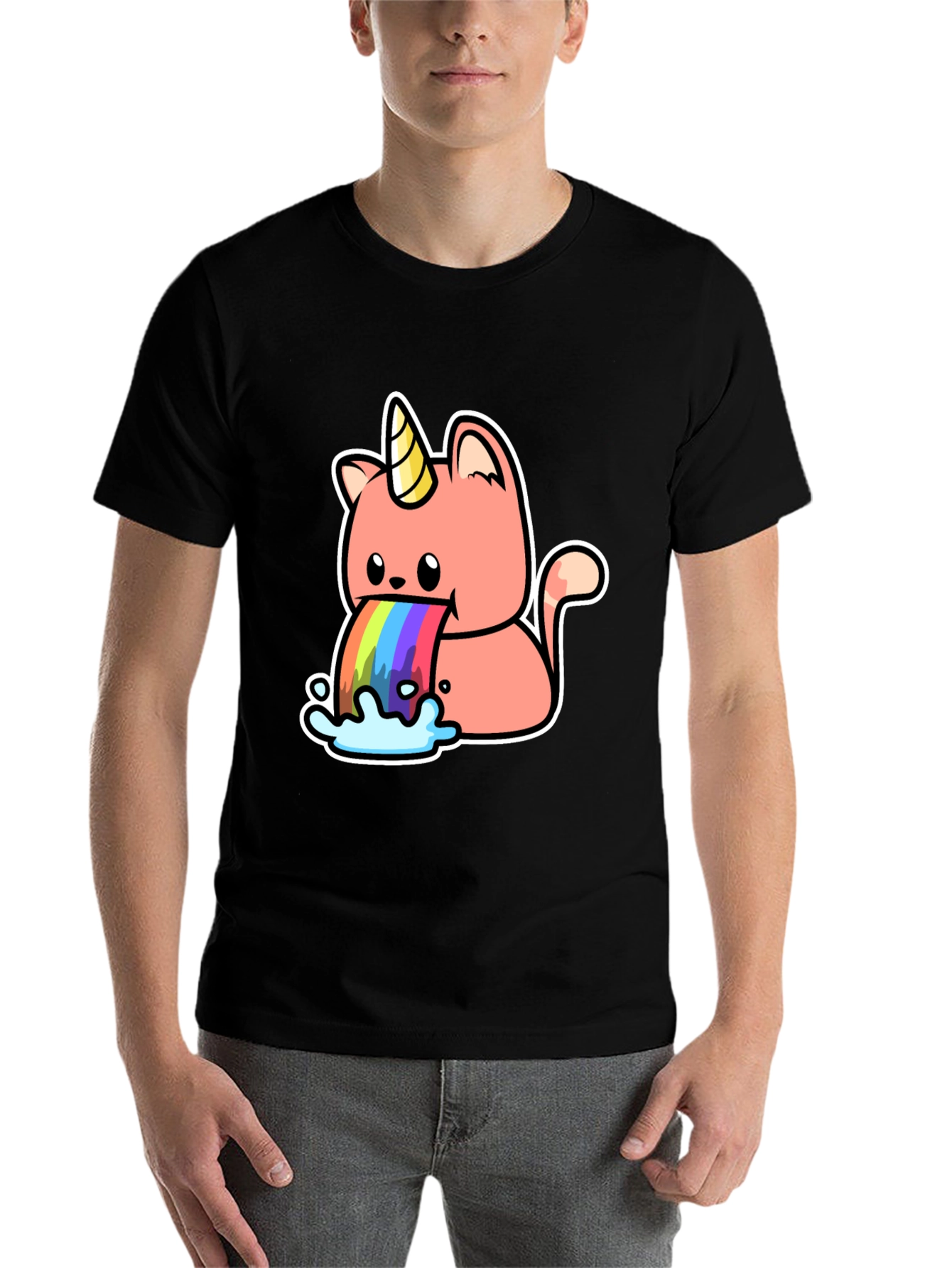 Black Unicorn Cat Rainbow Puke Graphic Tee view 7