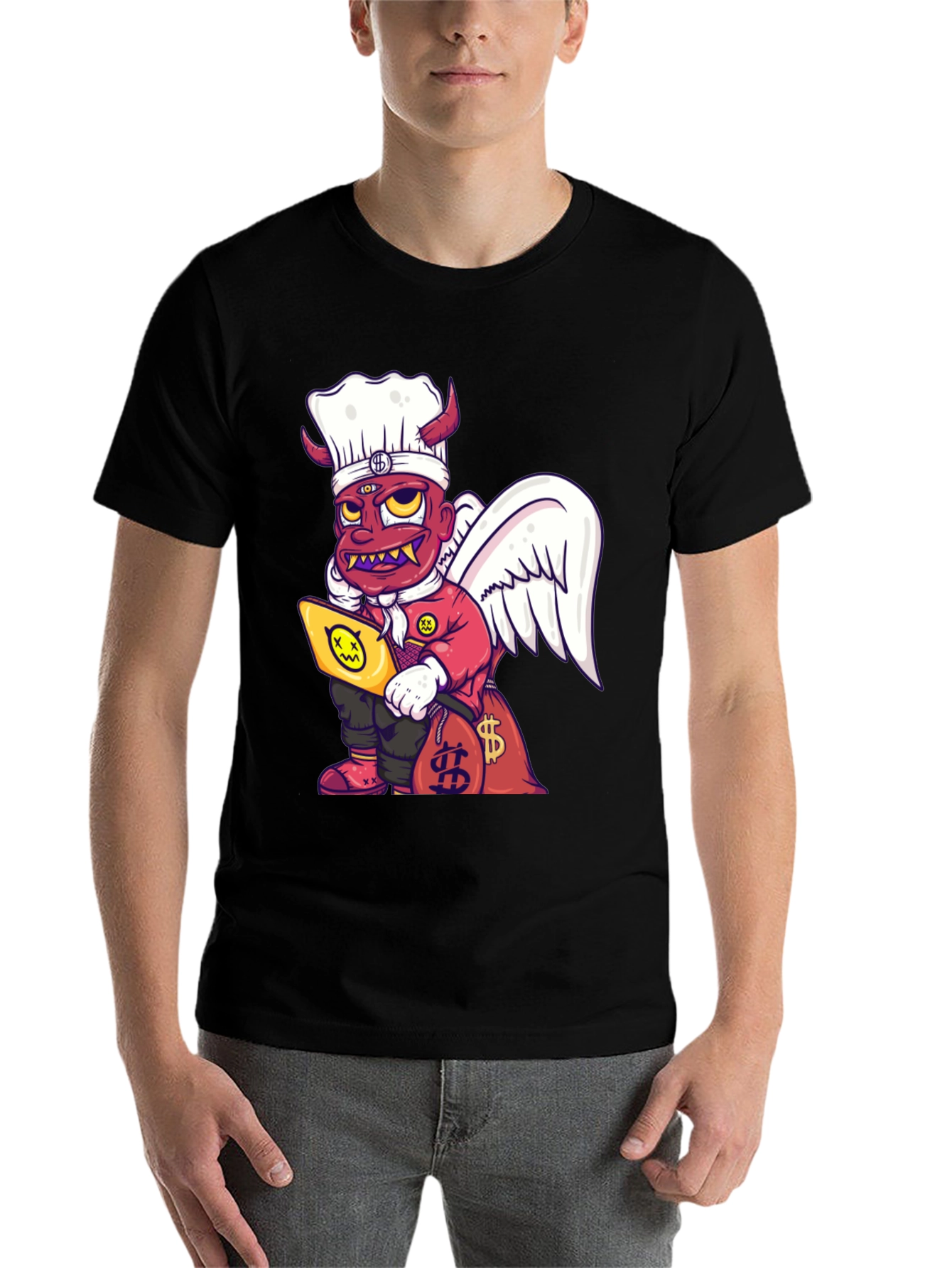 Cartoon Angel & Devil Chef Graphic T-Shirt - 7