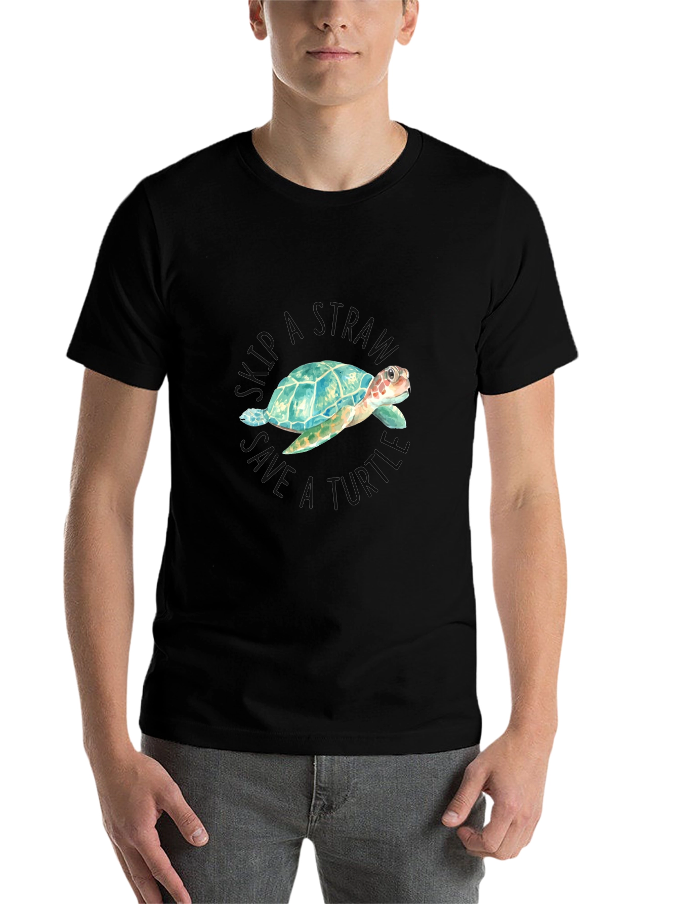 Black Skip a Straw Save a Turtle T-Shirt view 7