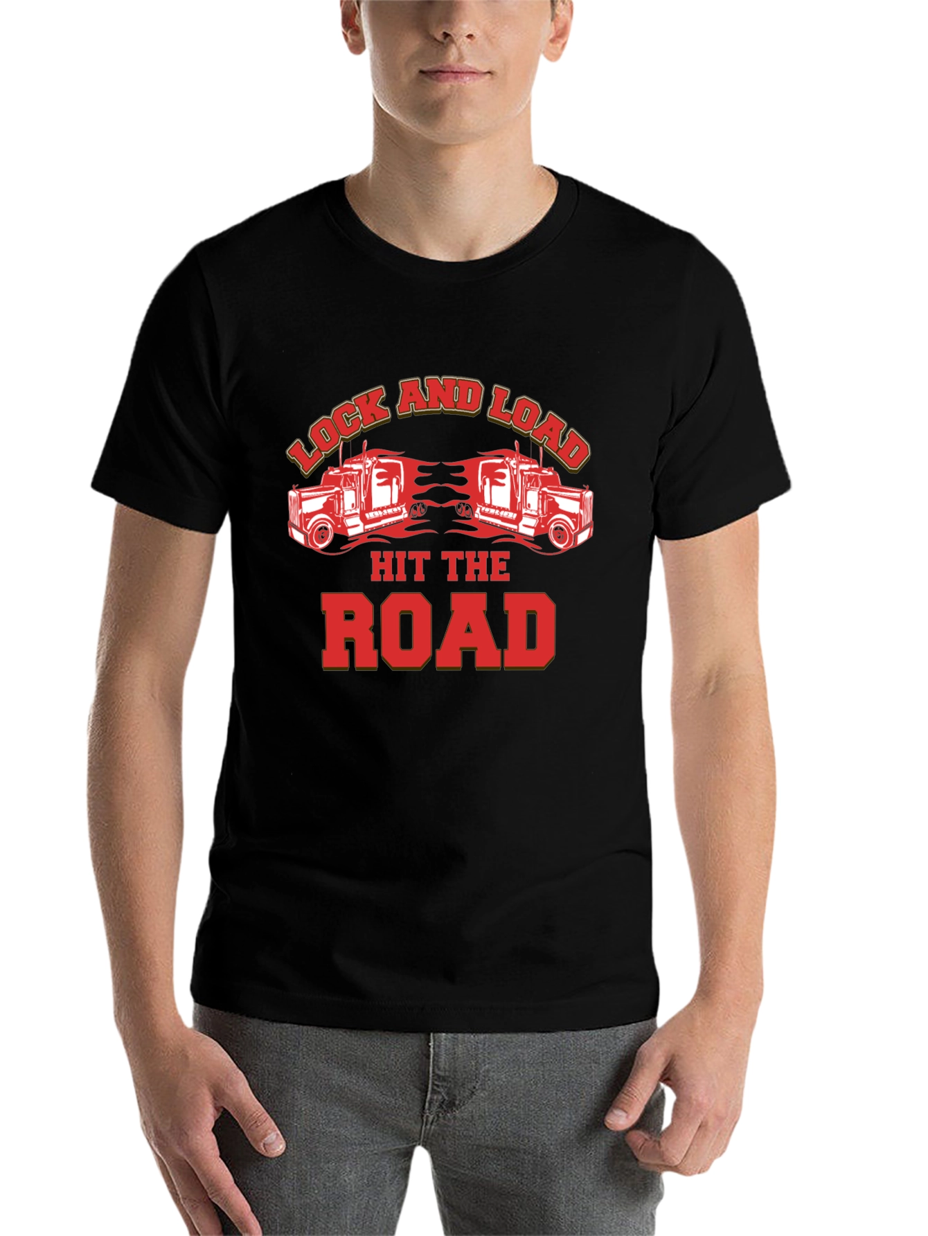 Black Lock and Load Hit The Road Trucker T-Shirt view 7