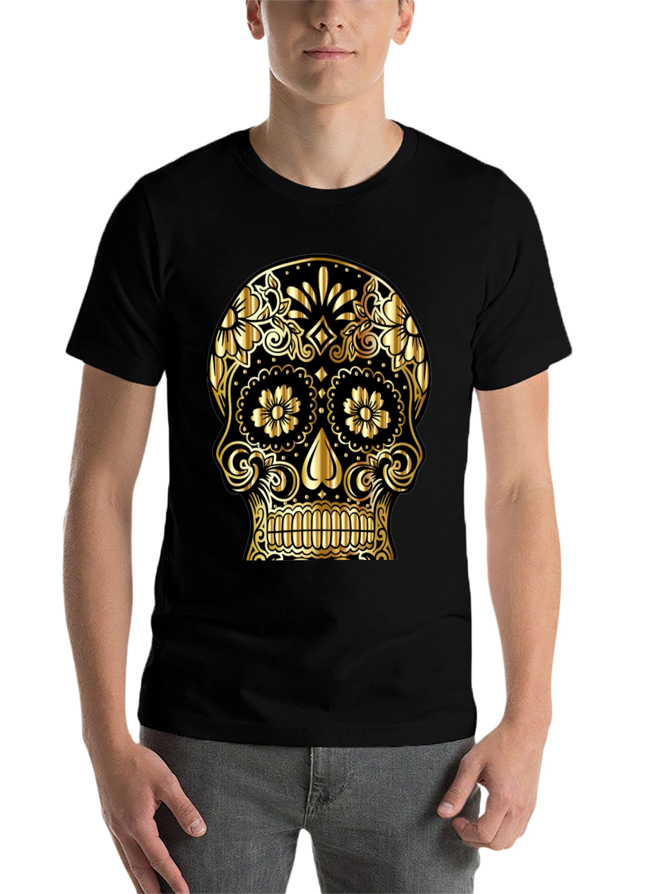 Black Gold Sugar Skull Graphic Black T-Shirt view 7