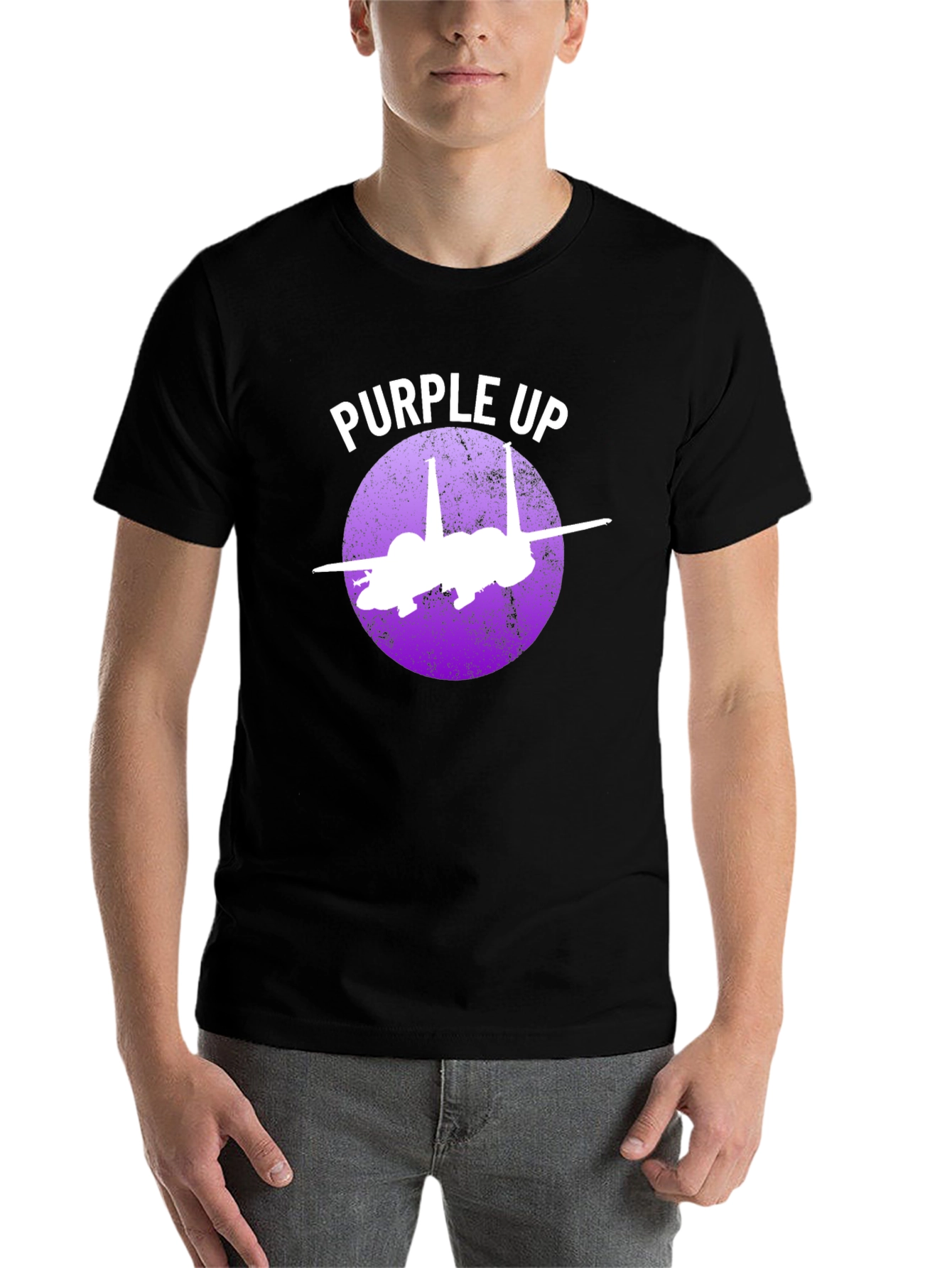 Black Purple Up F-15 Fighter Jet Graphic T-Shirt view 7