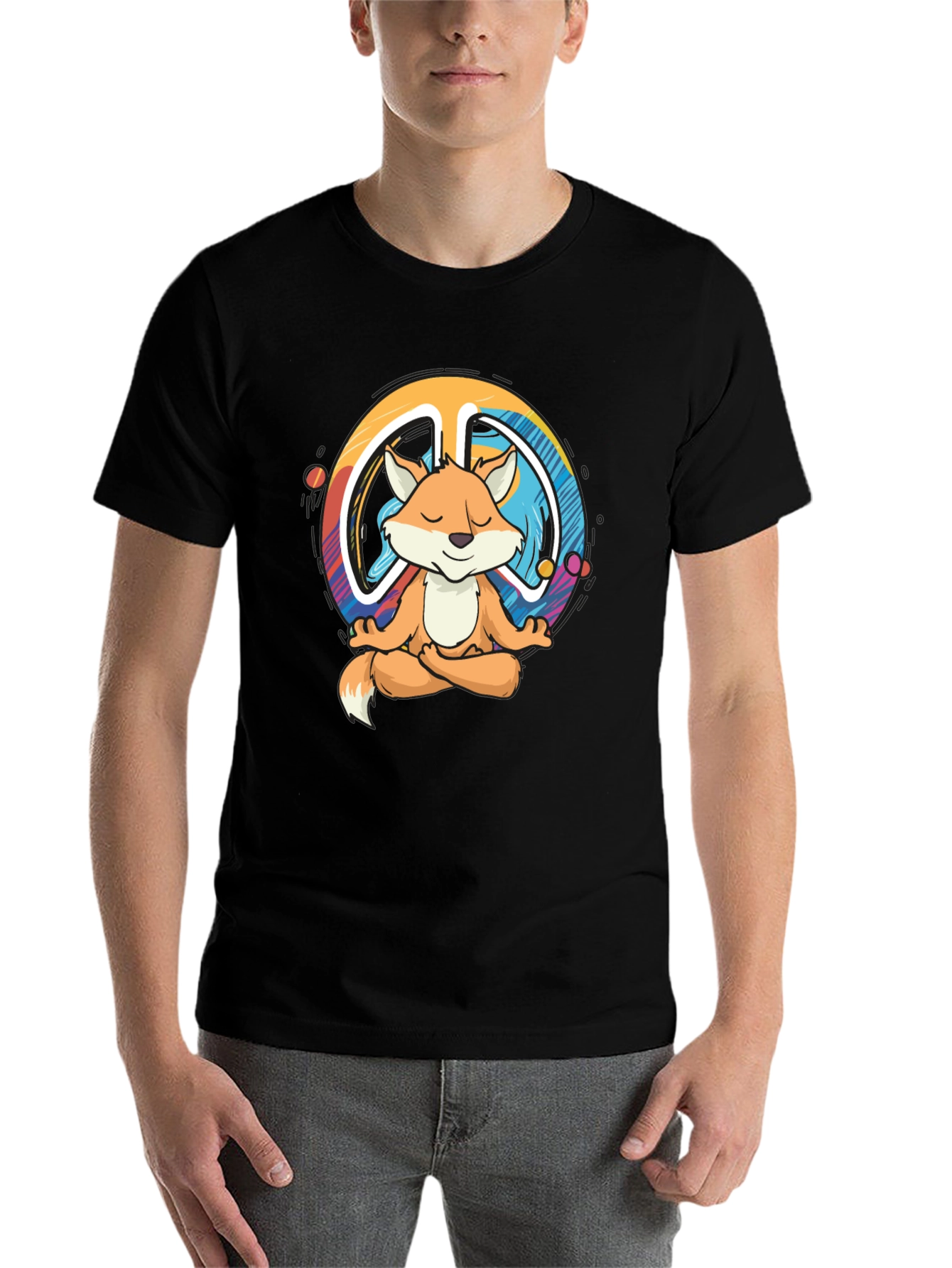 Black Zen Fox Peace Sign T-Shirt - Meditating Fox Design view 7