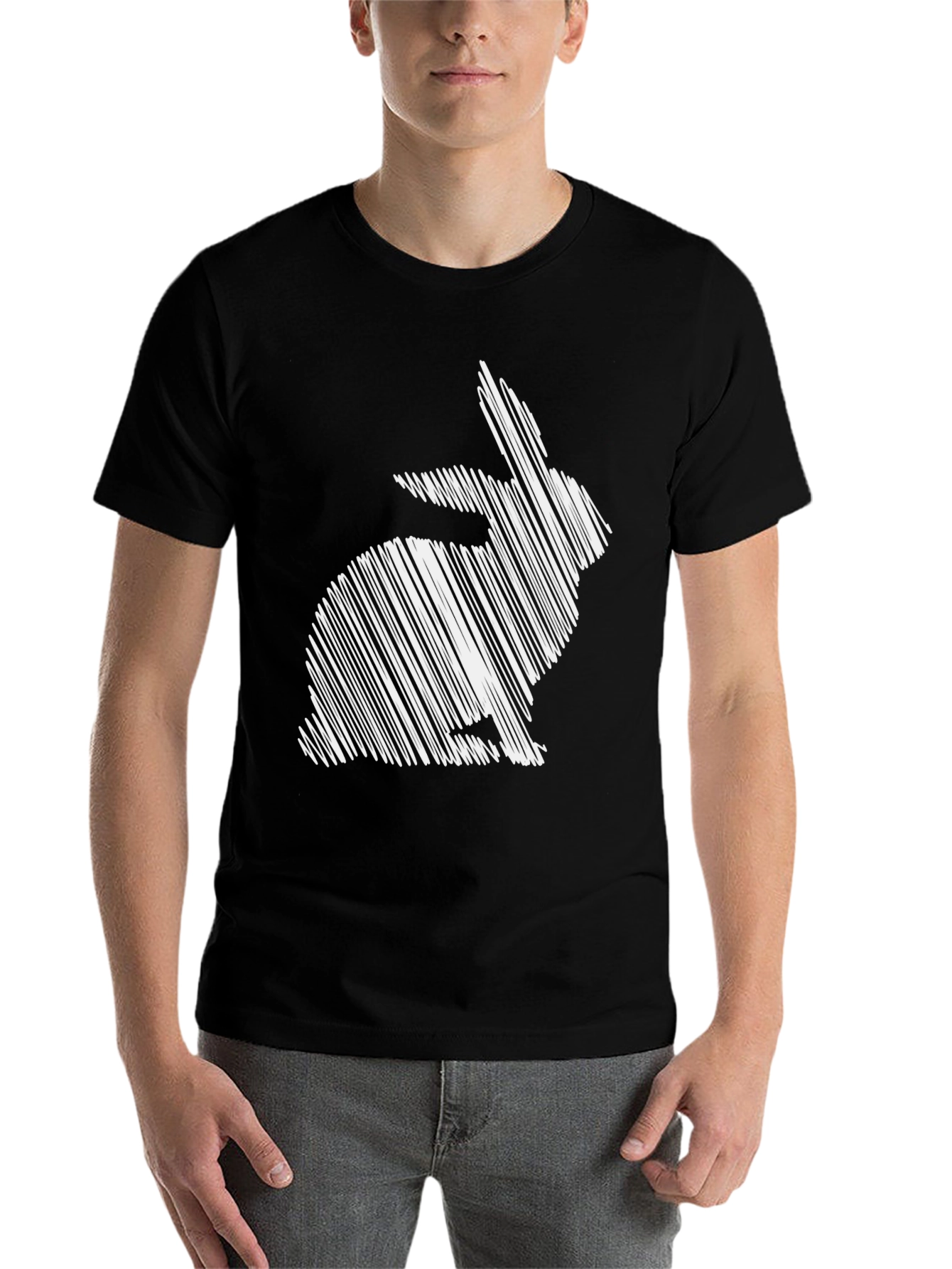 Black Rabbit Sketch Graphic Tee - Unisex Black Cotton T-Shirt view 7