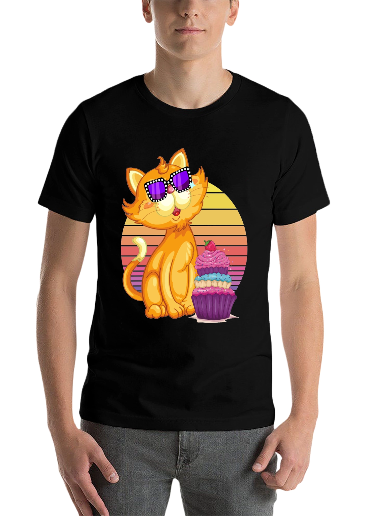 Black Cool Cat with Cupcake T-Shirt view 7