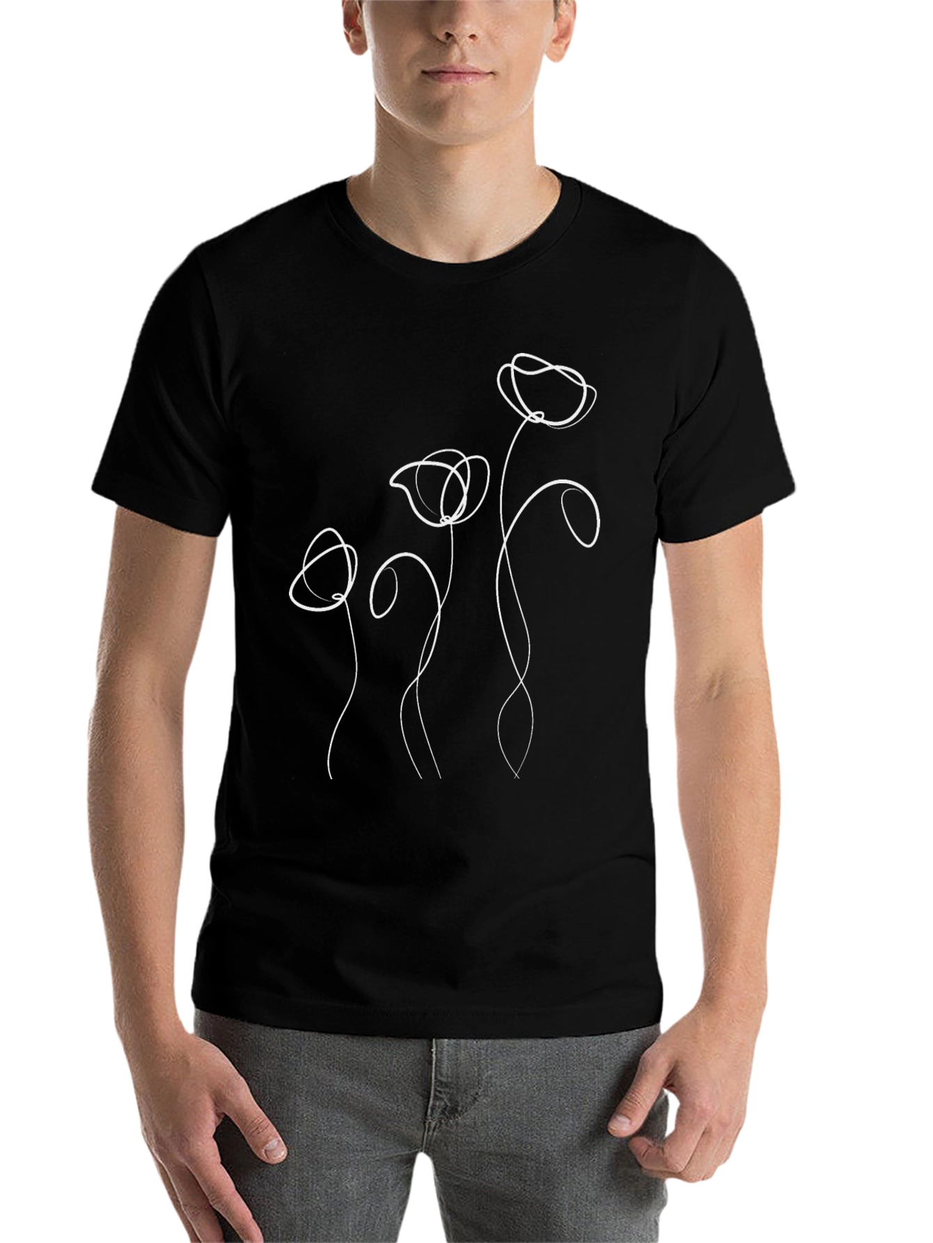 Black Minimalist Floral Line Art Black T-Shirt view 7