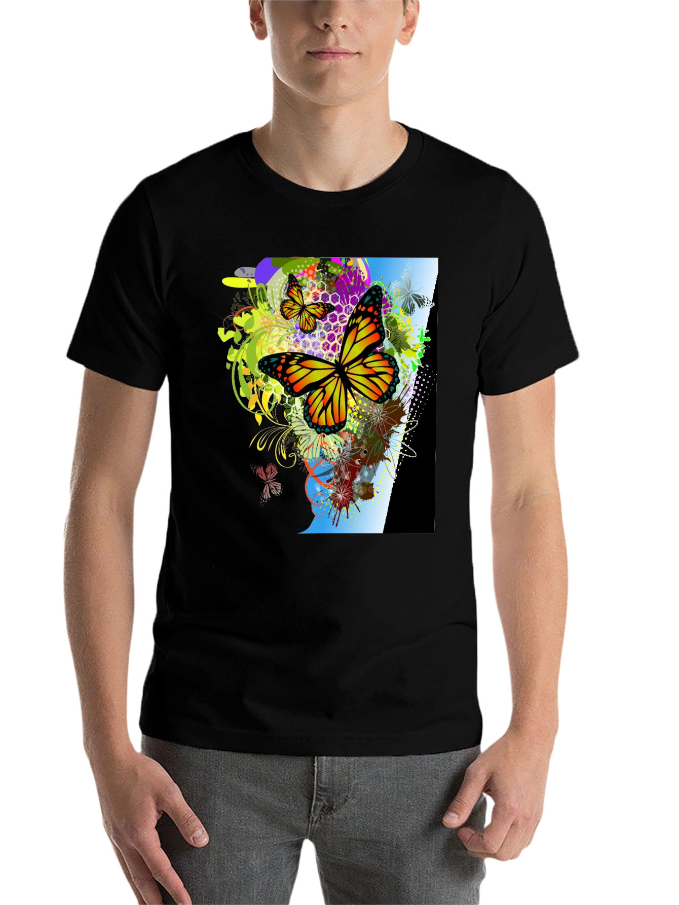 Black Butterfly Graphic Print Men's Black T-Shirt view 7