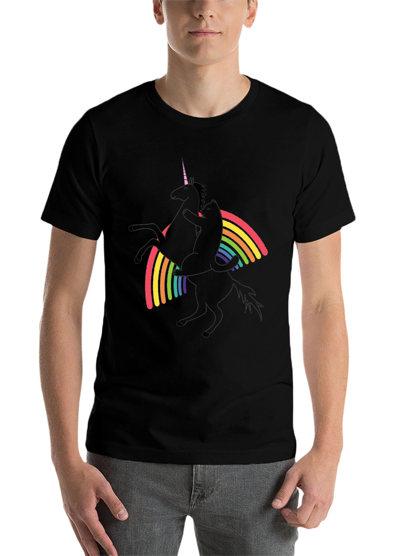 Black Unicorn & Cat Rainbow Graphic Black T-Shirt view 7
