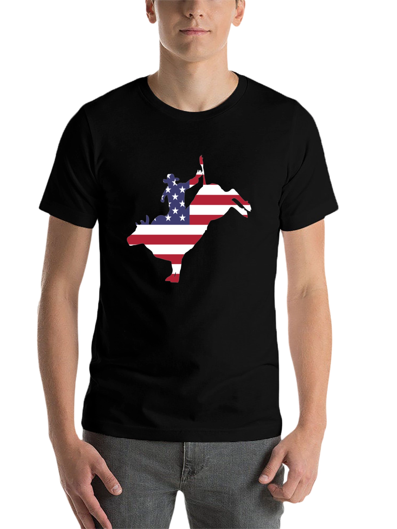 Black American Flag Bull Rider Graphic T-Shirt view 7
