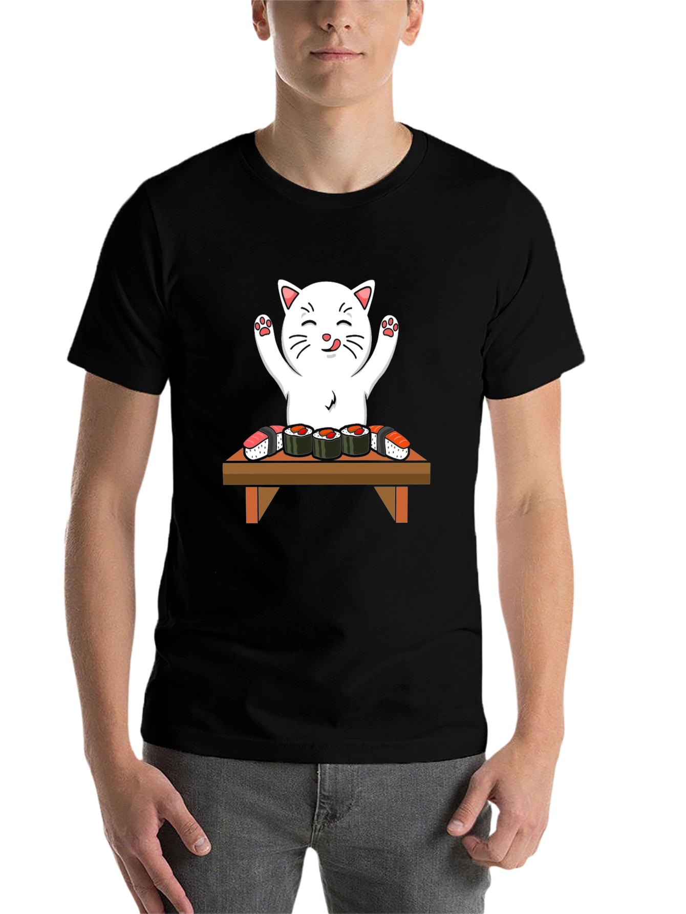 Black Cat Sushi T-Shirt - Cute Kawaii Design view 7