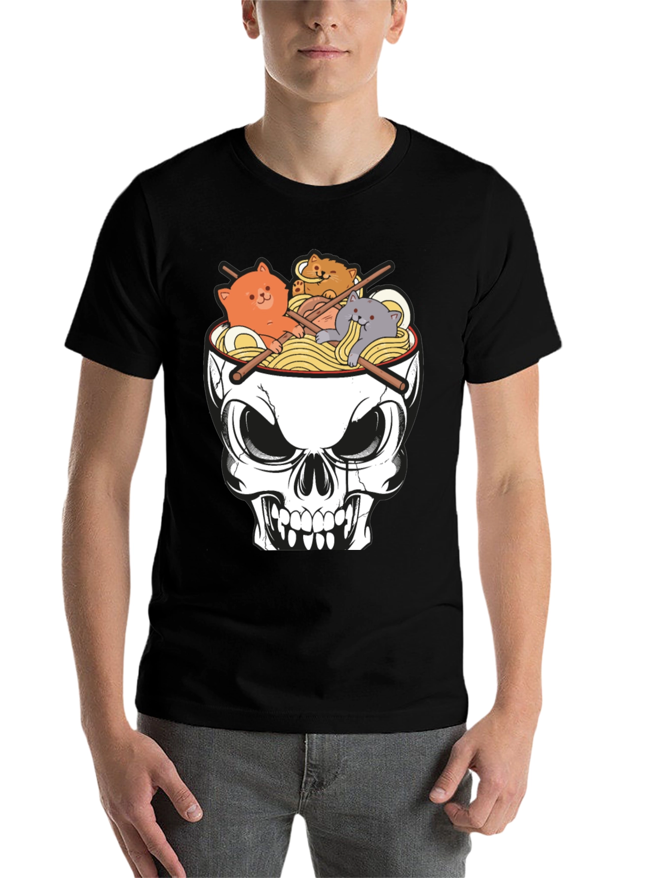 Black Skull Ramen Cat T-Shirt view 7