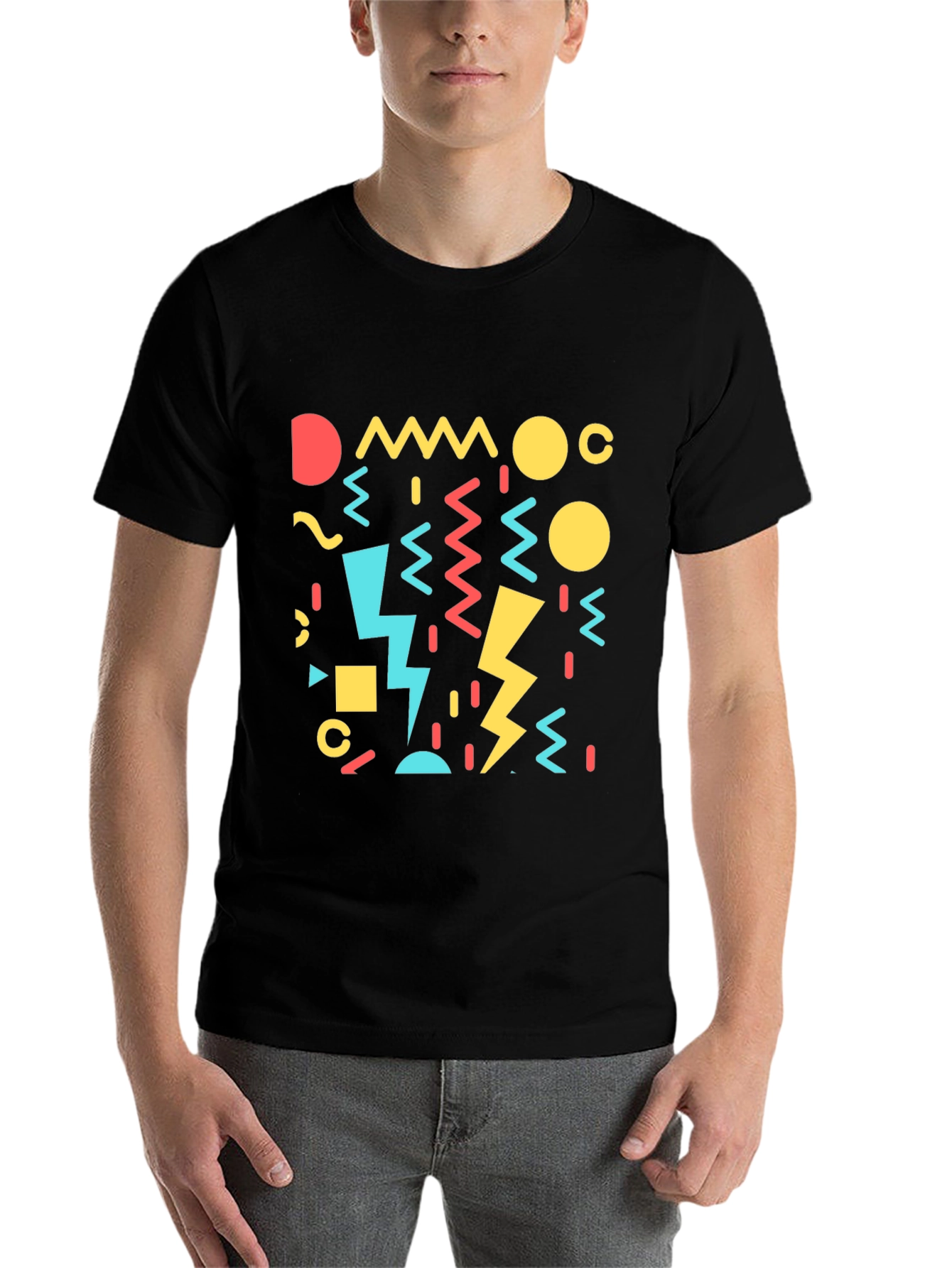 Black Retro 90s Geometric Pattern Black T-Shirt view 7