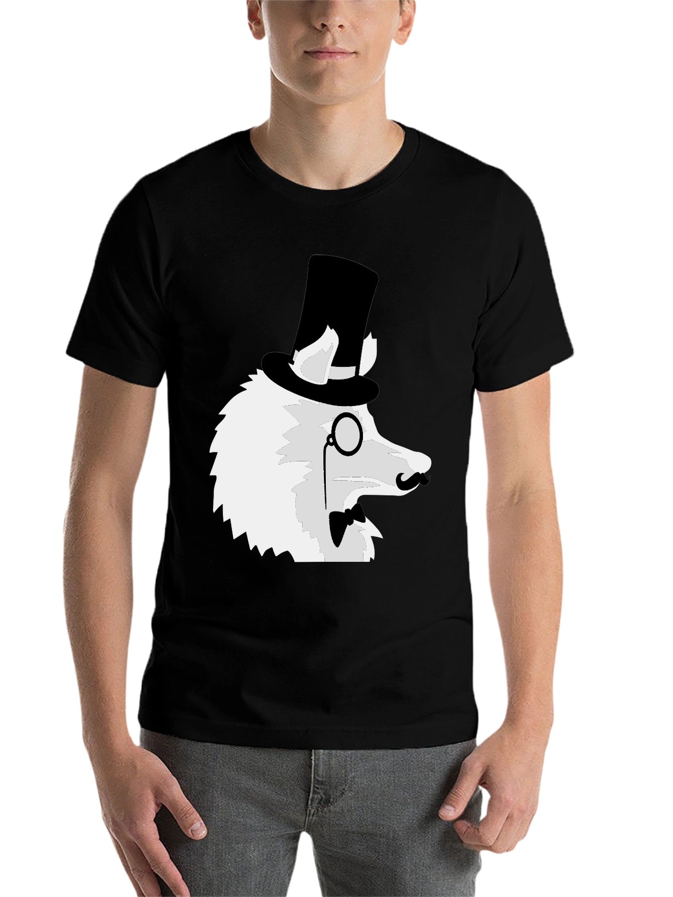 Black Dapper Dog T-Shirt: Top Hat Monocle Bow Tie view 7