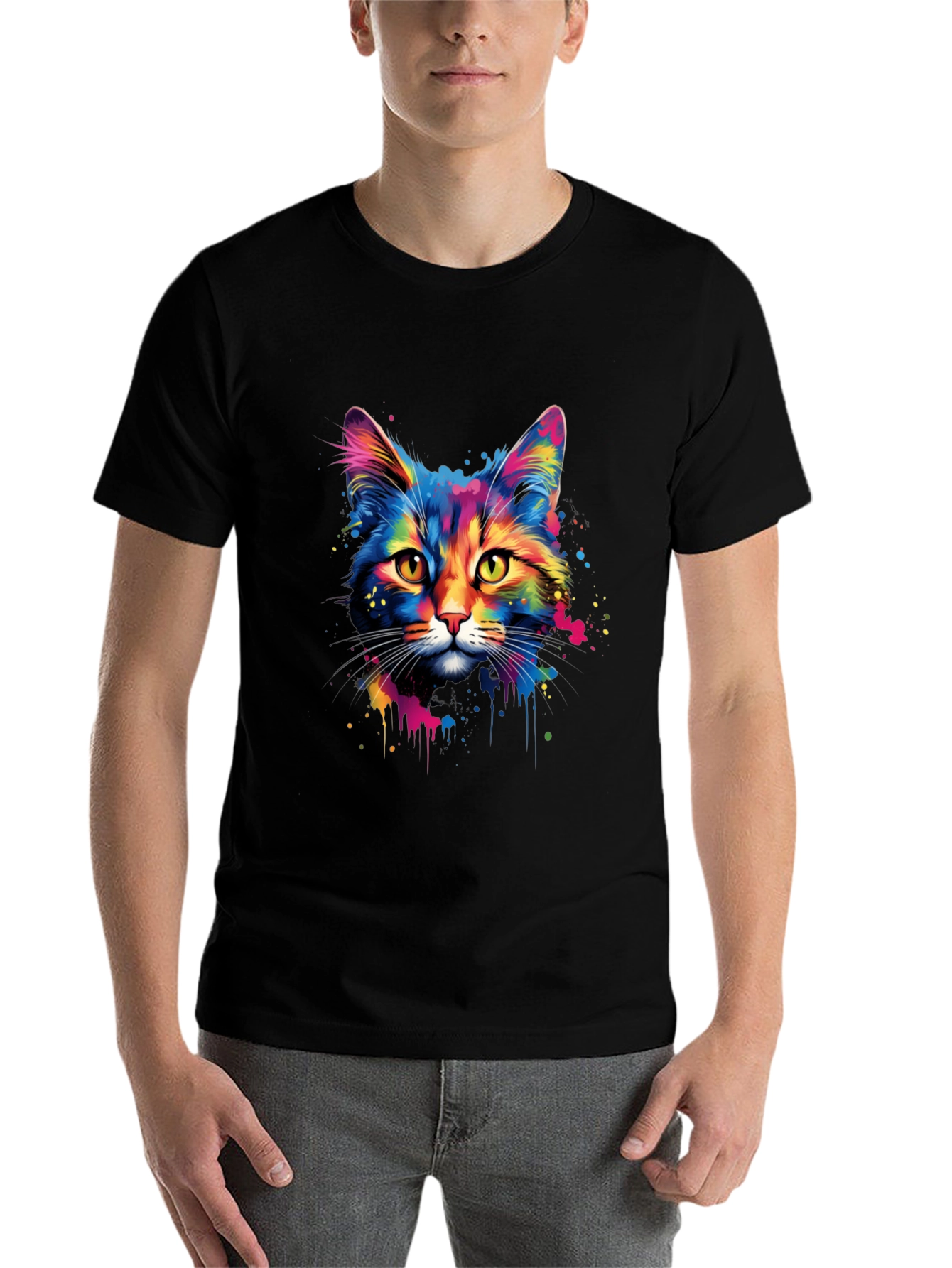 Black Colorful Cat Graphic Print T-Shirt view 7