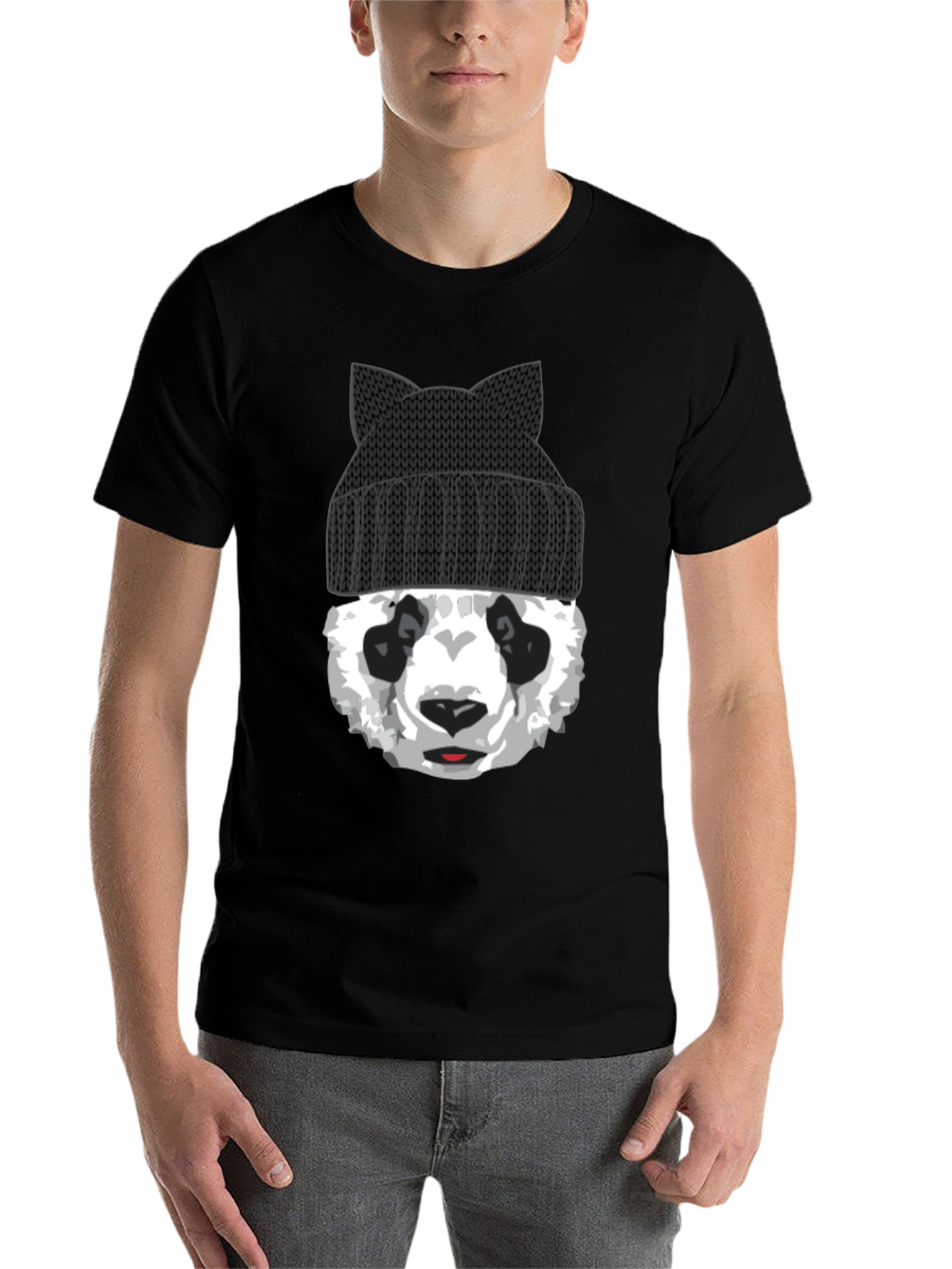 Black Cool Panda Bear with Cat Ear Beanie Graphic Tee view 7