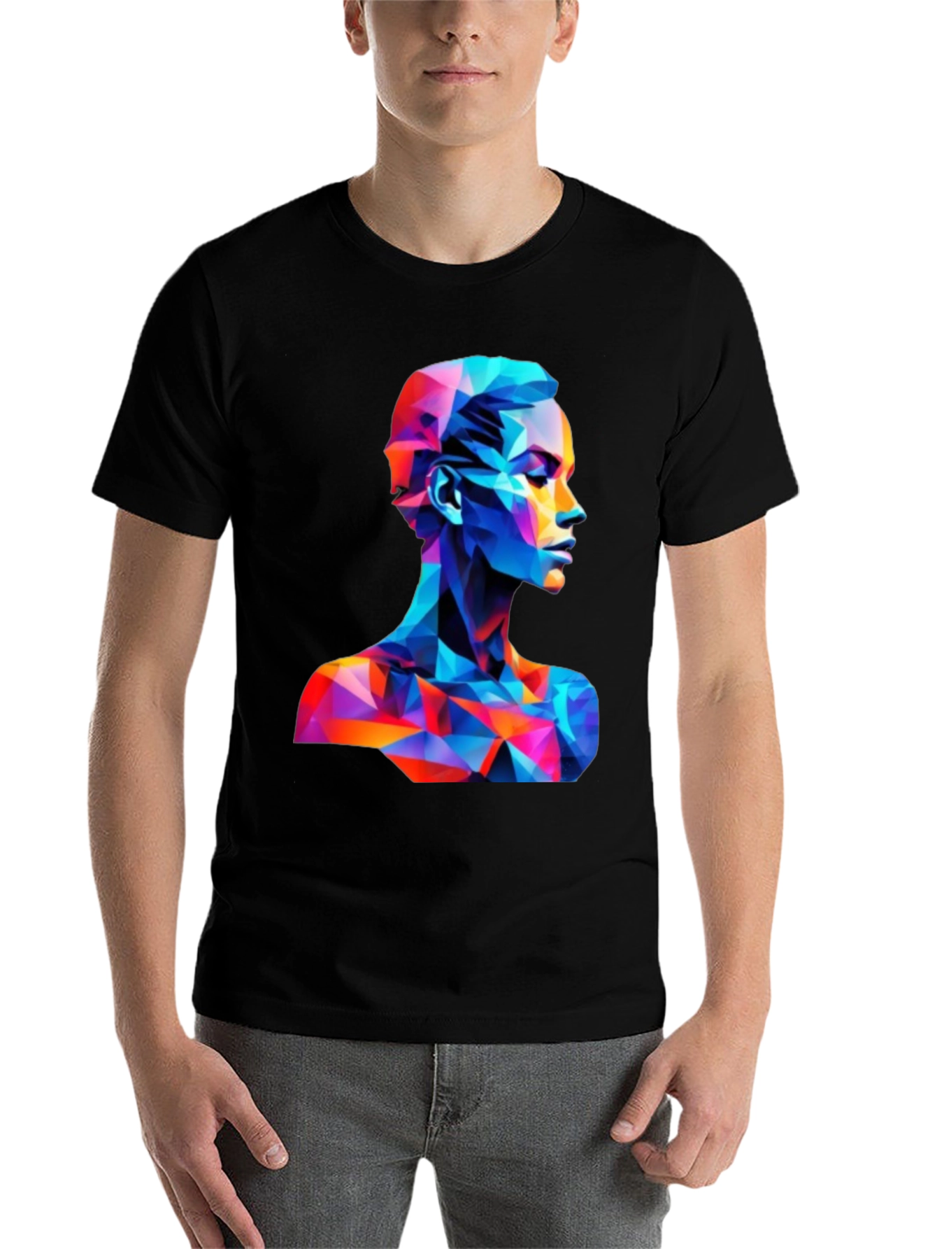 Abstract Geometric Face Graphic Black T-Shirt - 7