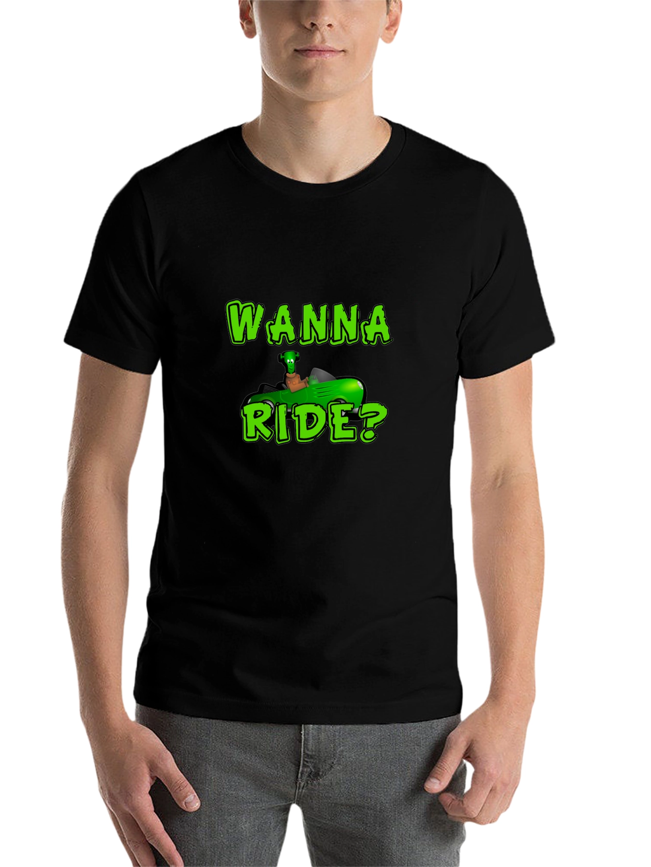 Black Wanna Ride? Green Car Black T-Shirt view 7