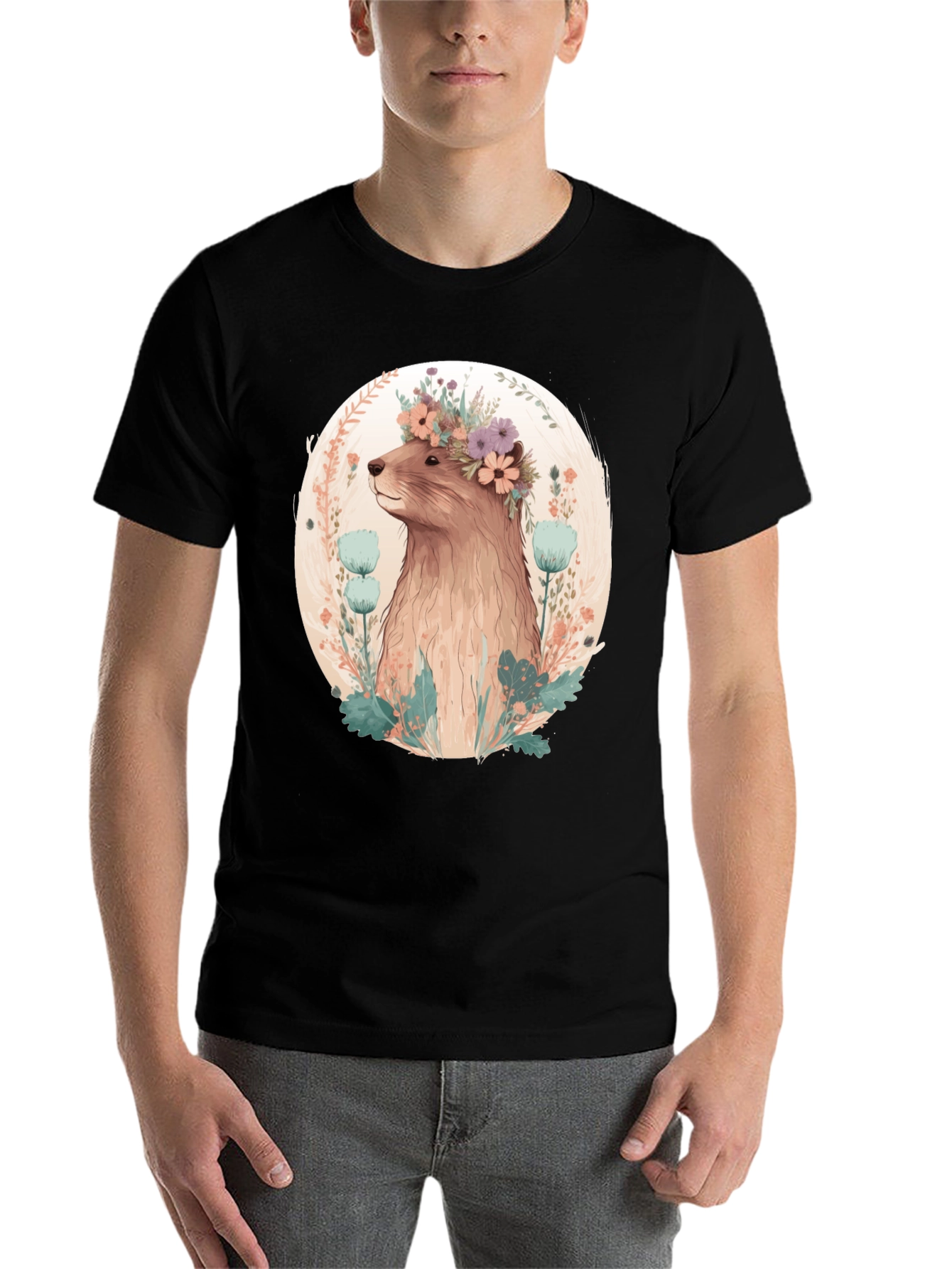 Black Floral Beaver T-Shirt - Men's Black Tee view 7