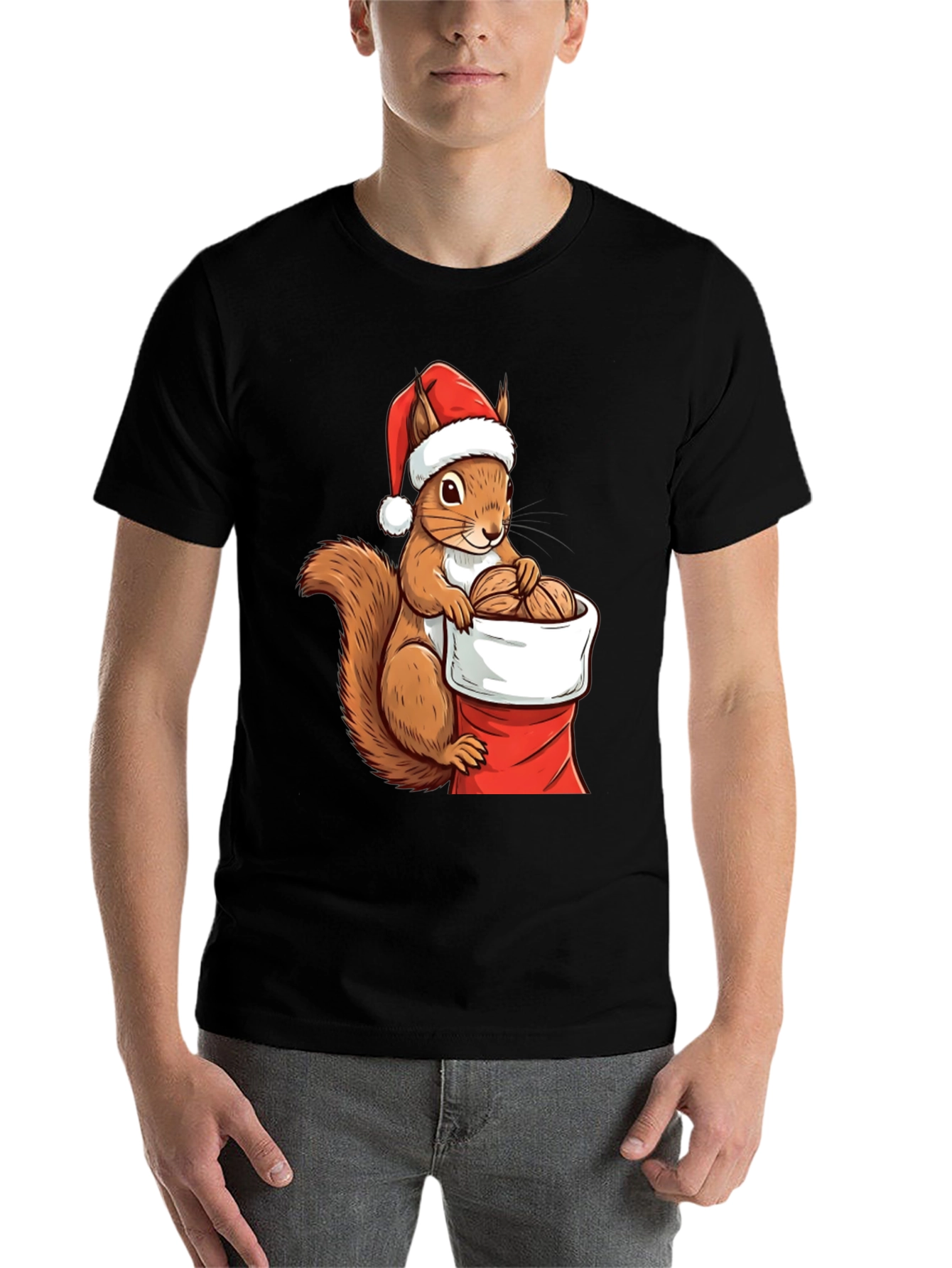 Black Festive Squirrel Santa Hat T-Shirt view 7