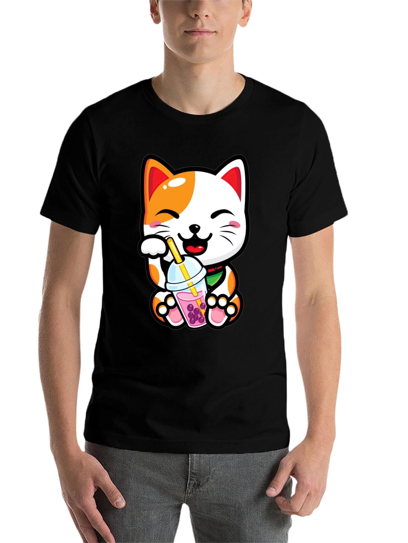 Black Kawaii Cat Boba Tea Graphic Tee view 7