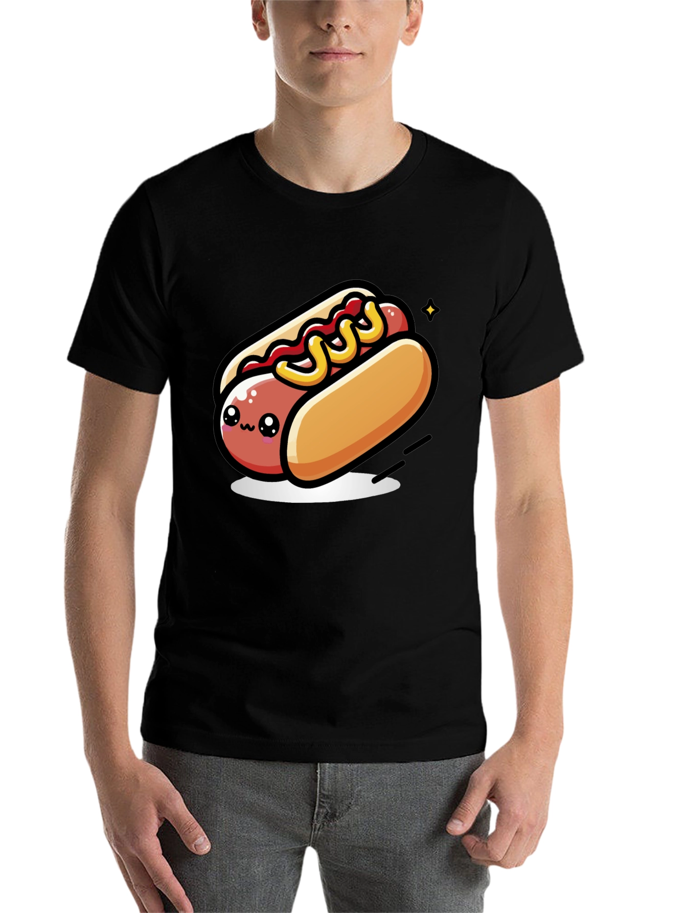 Black Cute Hotdog Cartoon T-Shirt - Black view 7