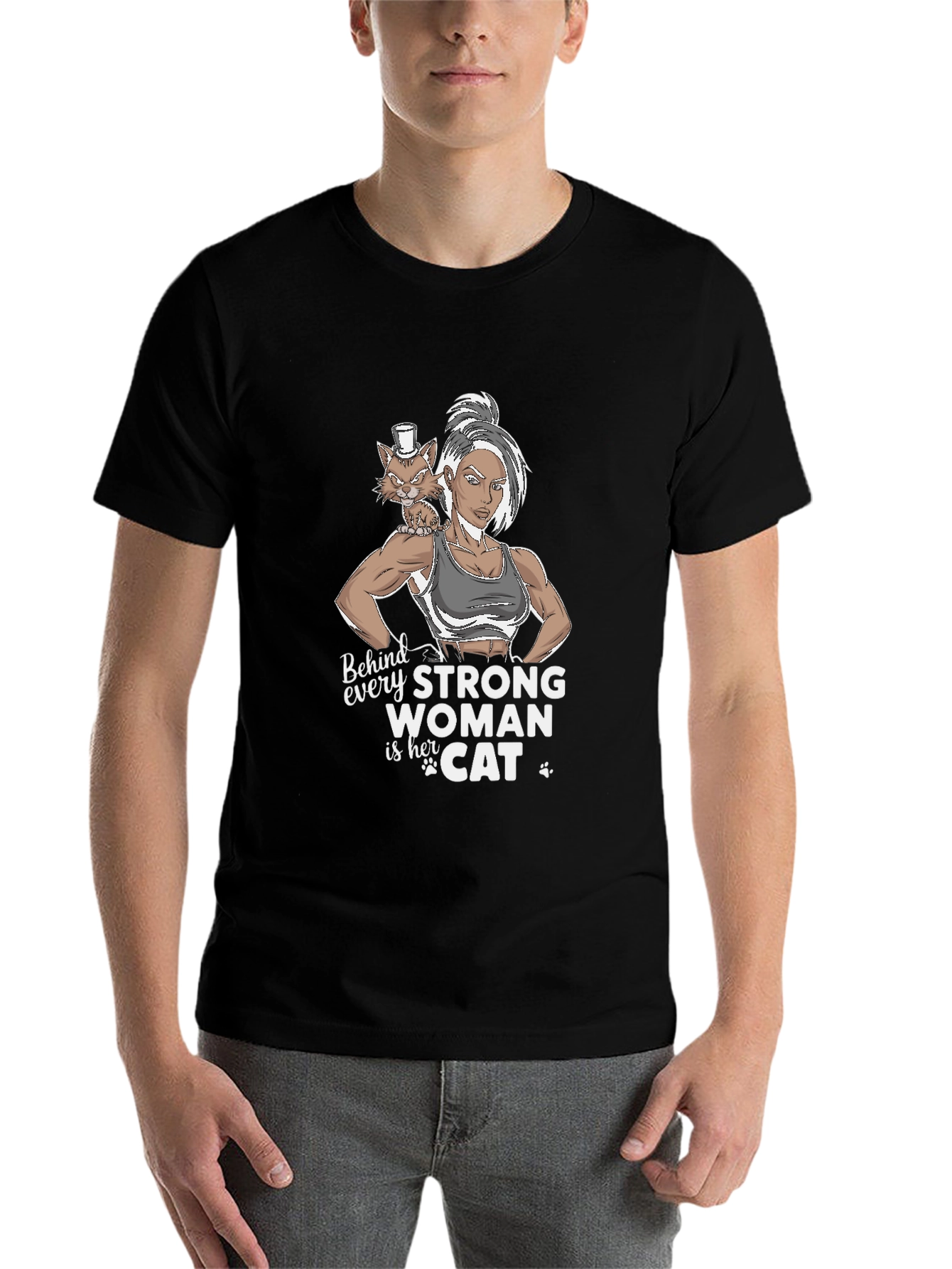 Black Strong Woman & Cat Graphic T-Shirt view 7