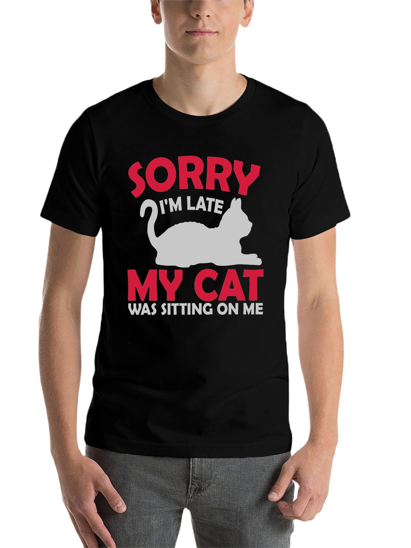 Black Sorry I'm Late My Cat T-Shirt view 7