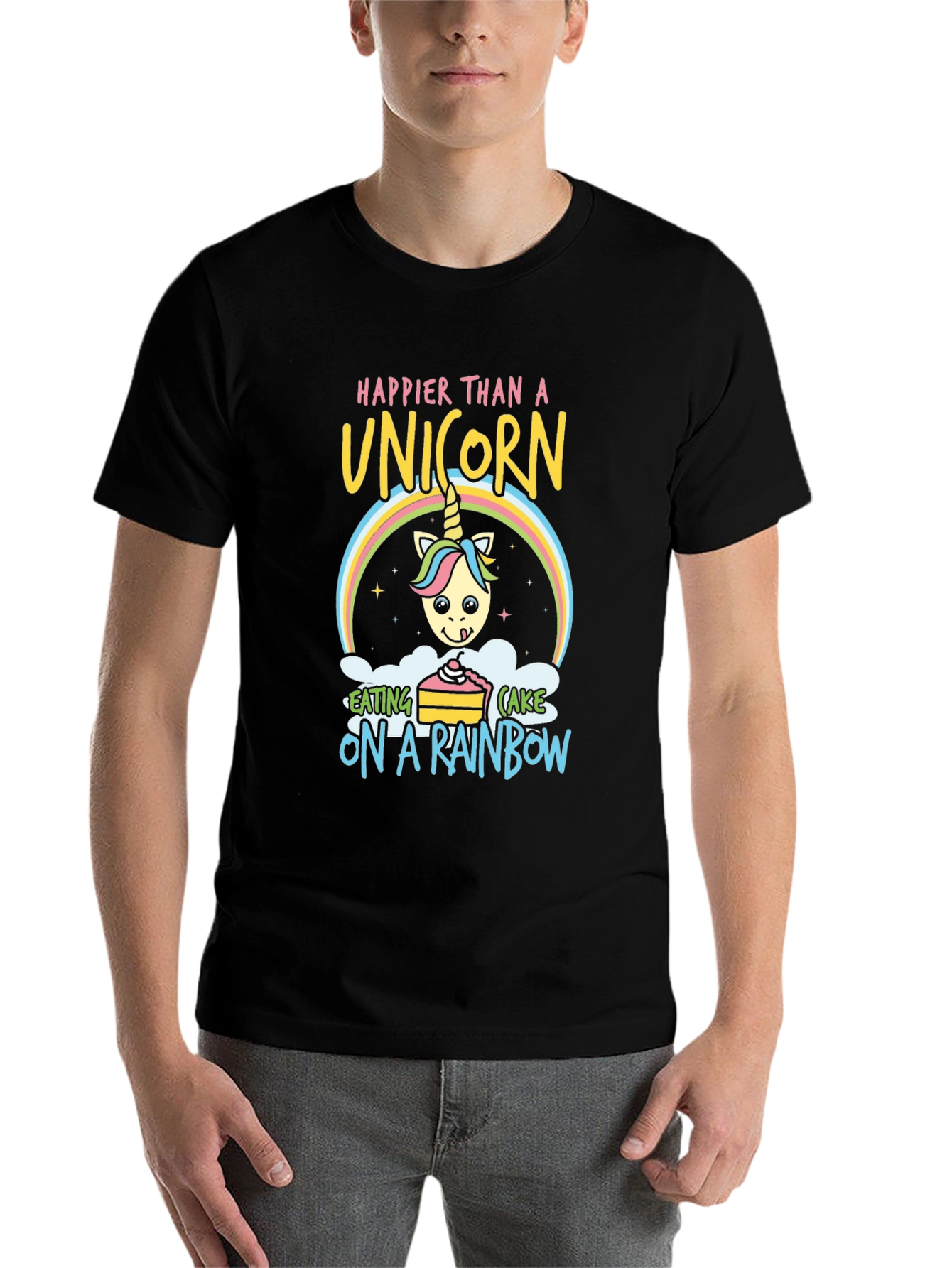 Black Happy Unicorn Rainbow Cake Graphic Tee view 7