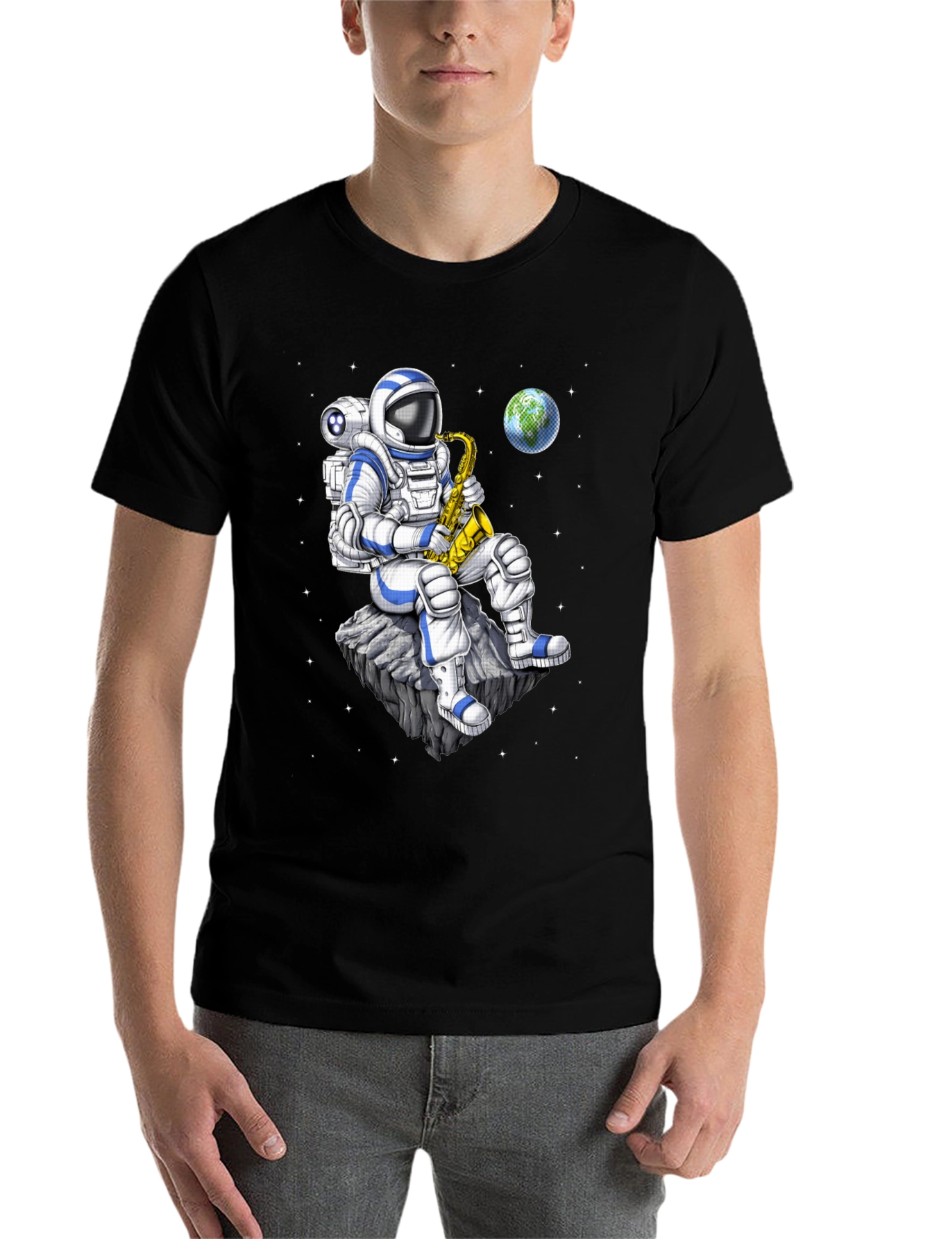 Black Astronaut Saxophone T-Shirt: Space Musician Tee view 7