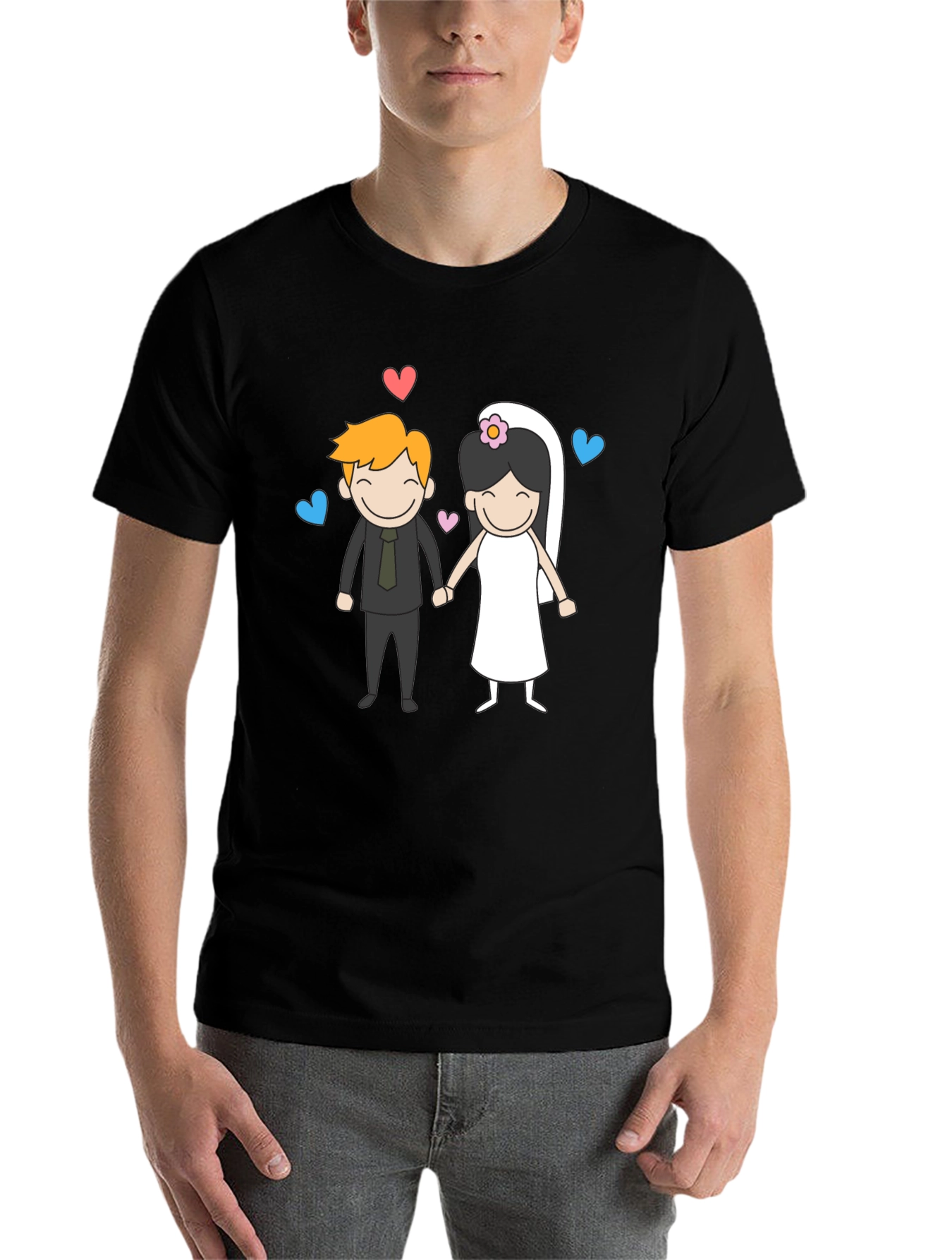 Black Cartoon Wedding Couple Graphic Tee - Black view 7