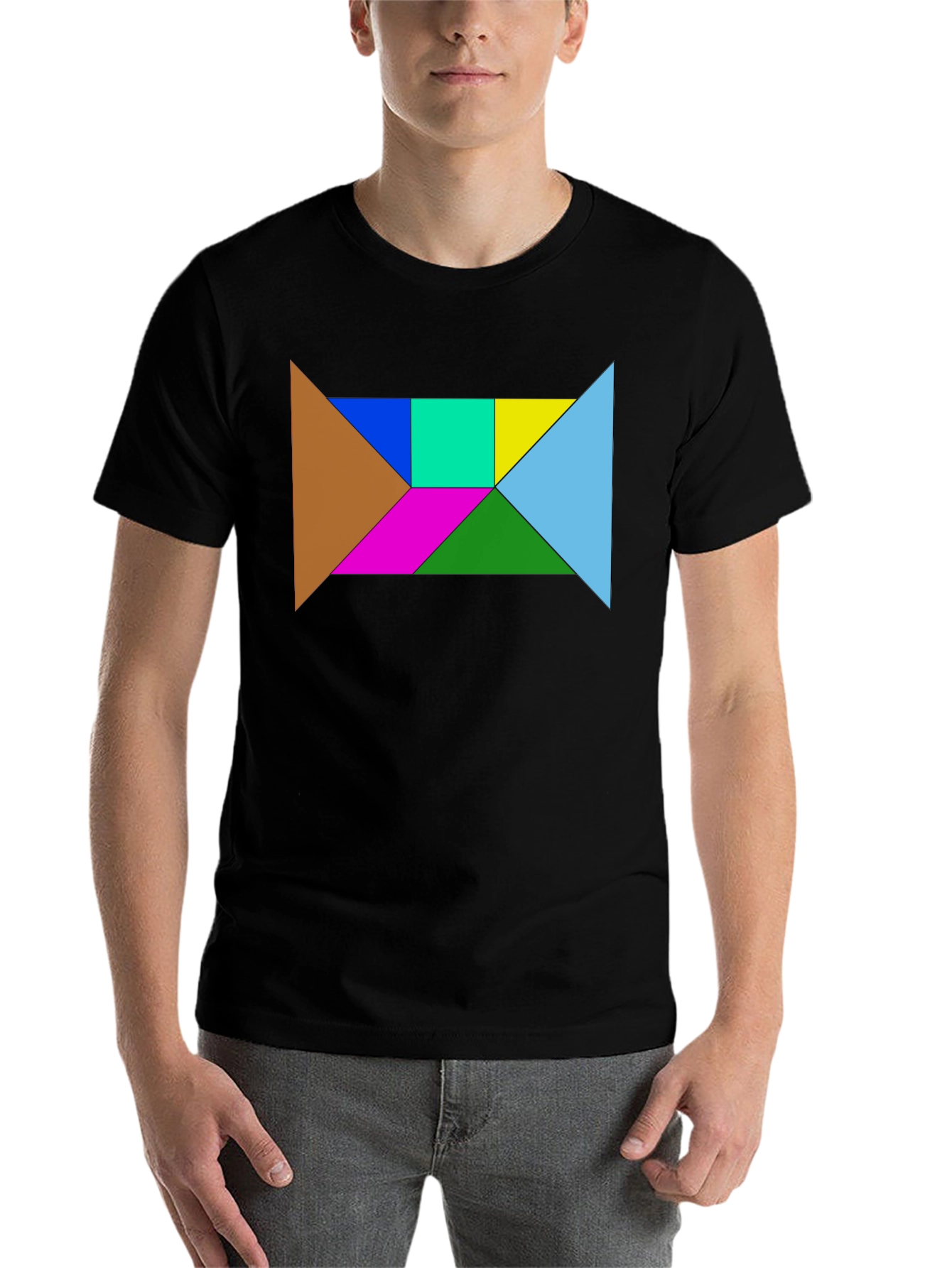 Black Geometric Tangram Puzzle Graphic Tee - Black Cotton Blend view 7