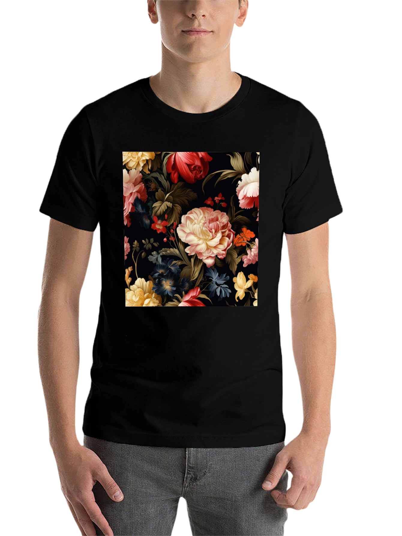 Black Floral Pattern Black T-Shirt view 7
