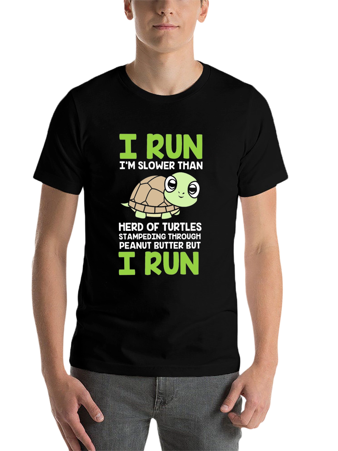 Black Funny Turtle Running T-Shirt - Slower Than Turtles Tee view 7