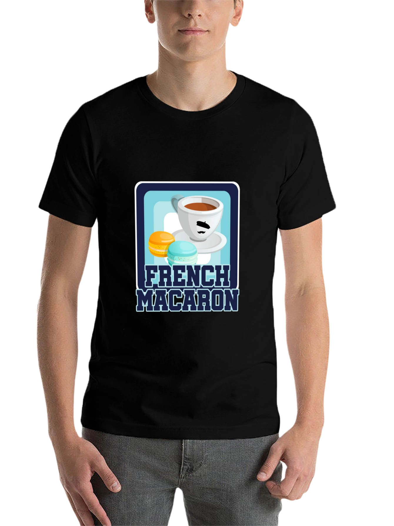 Black French Macaron T-Shirt | Coffee & Dessert Graphic Tee view 7