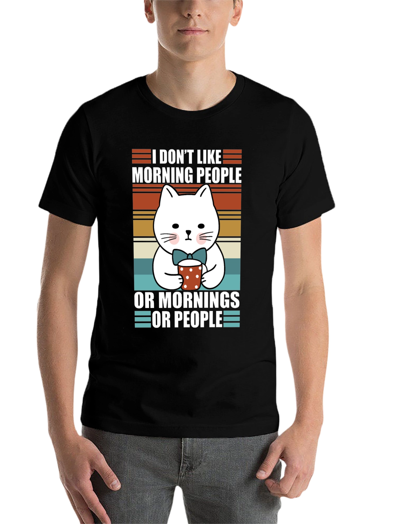 Black Funny Cat Morning People T-Shirt view 7