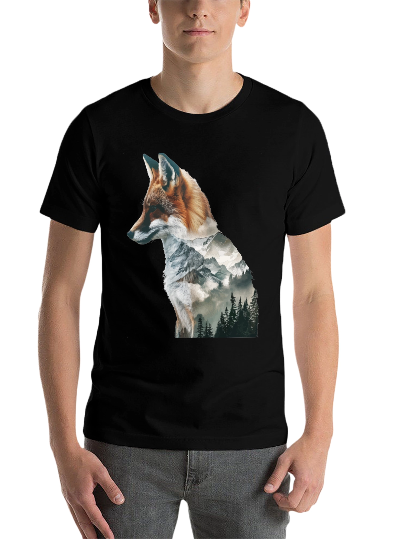 Black Fox & Mountain Graphic Print Black T-Shirt view 7