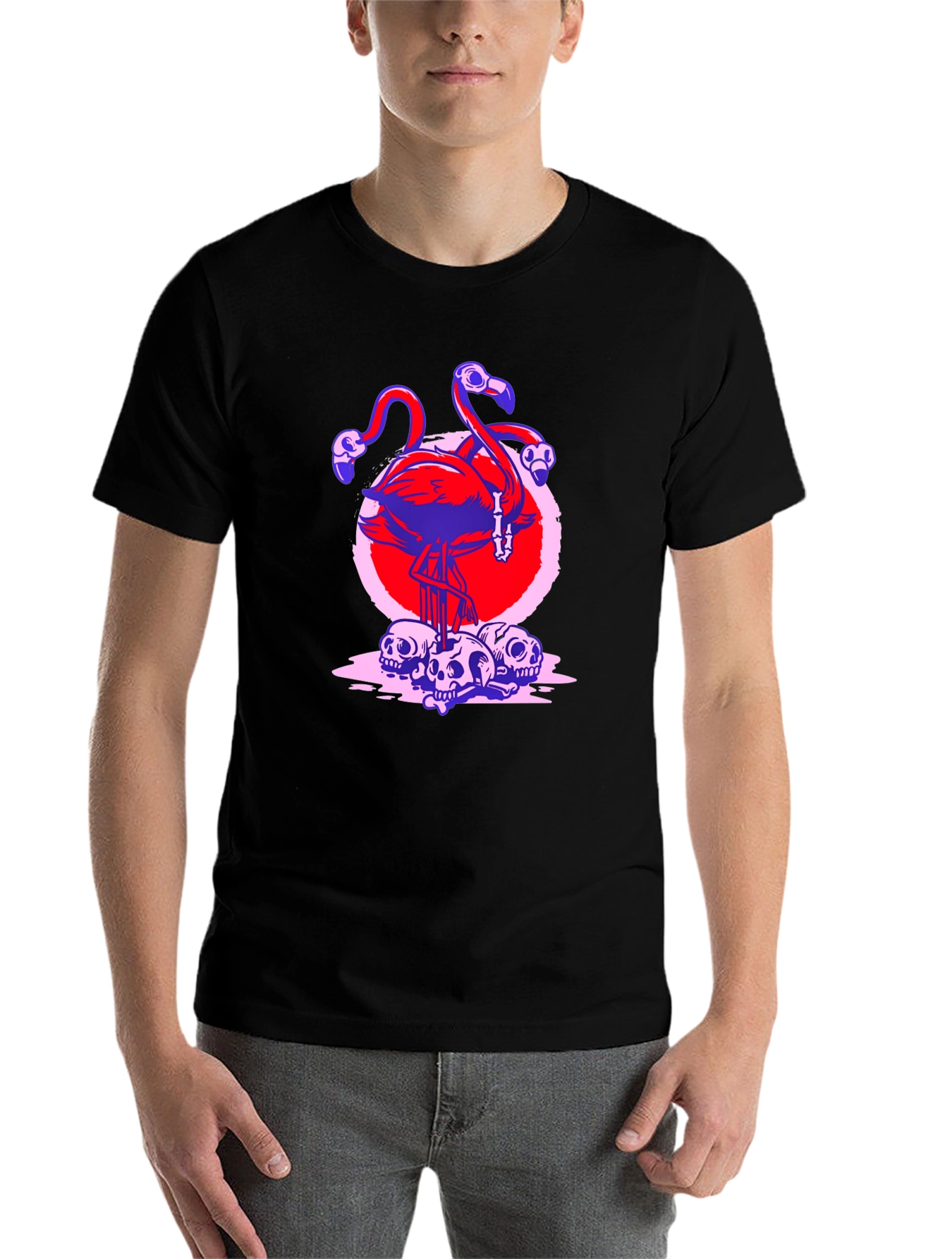 Black Flamingo Skull Graphic Tee - Unique Design T-Shirt view 7