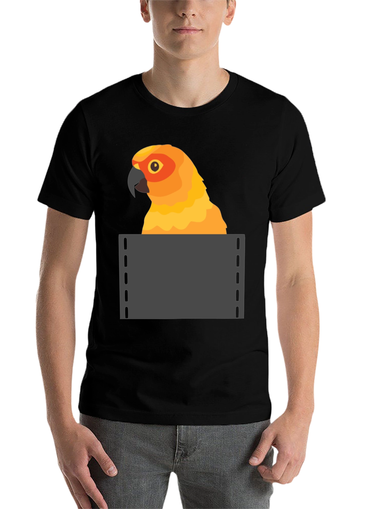 Black Parrot in Pocket Graphic Tee - Fun Animal T-Shirt view 7