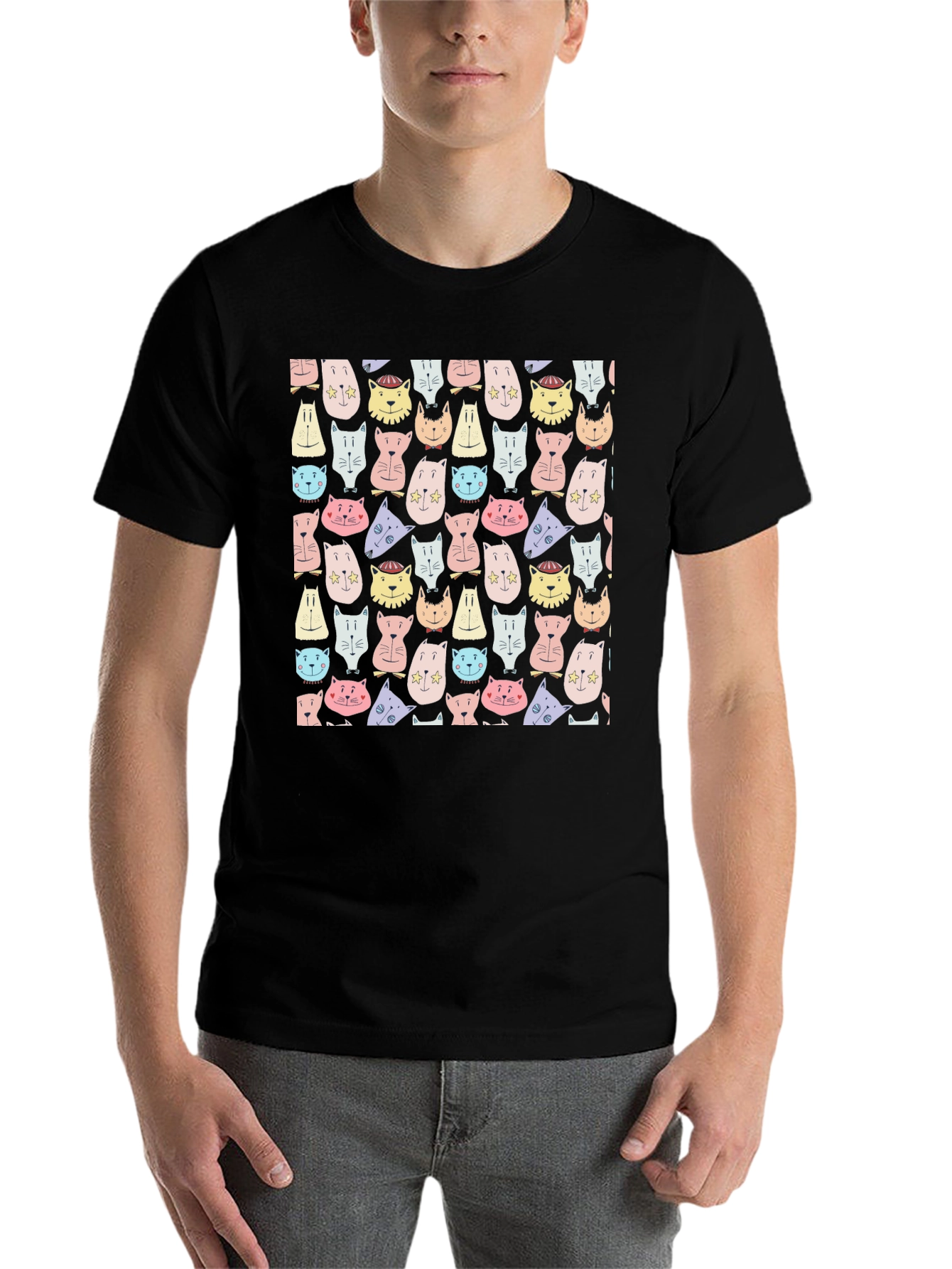 Black Cute Cats Pattern Tee - Unisex Black T-Shirt view 7