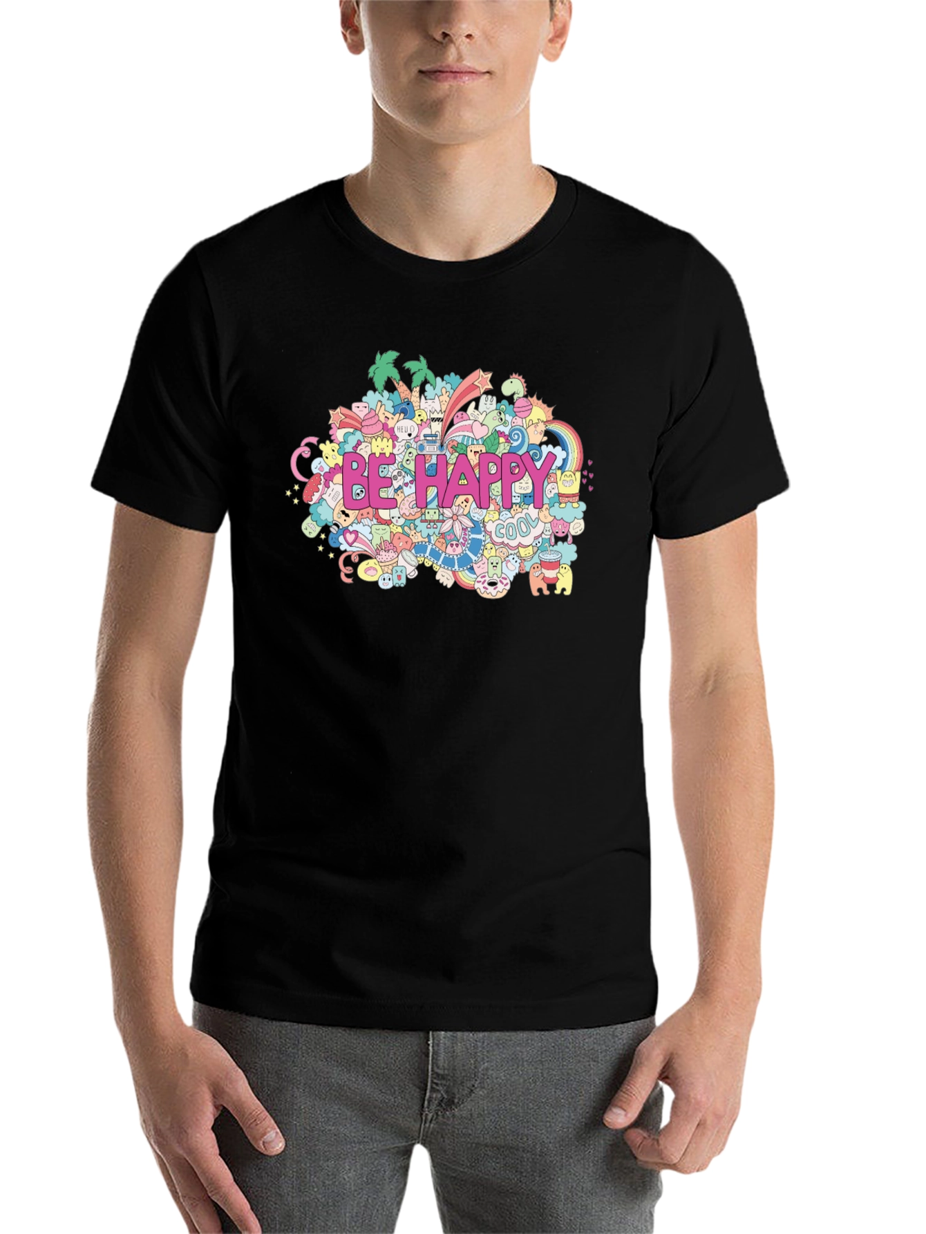 Black Be Happy Doodle Art Black T-Shirt view 7