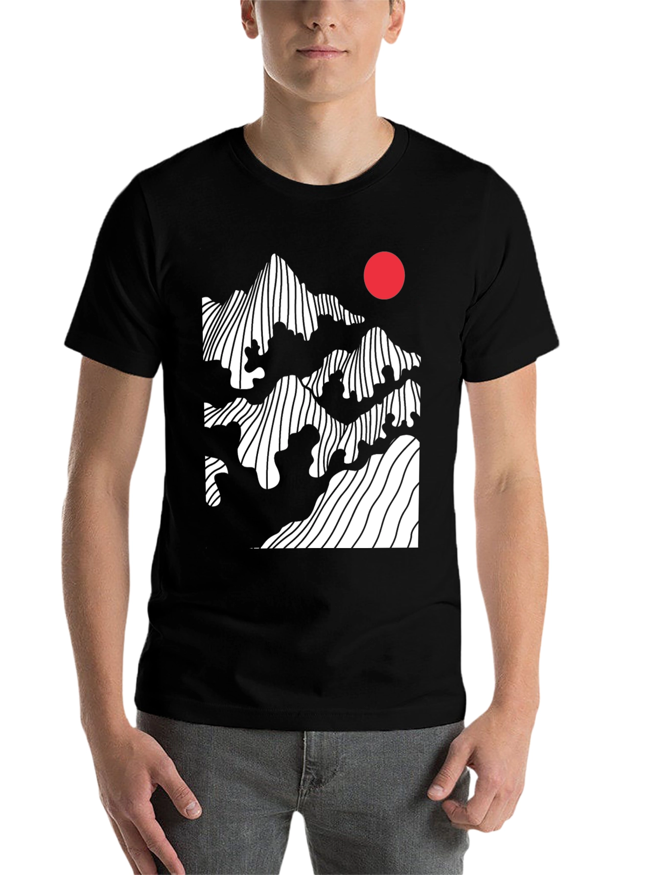 Black Abstract Mountain & Sun Graphic Tee - Modern Black T-Shirt view 7
