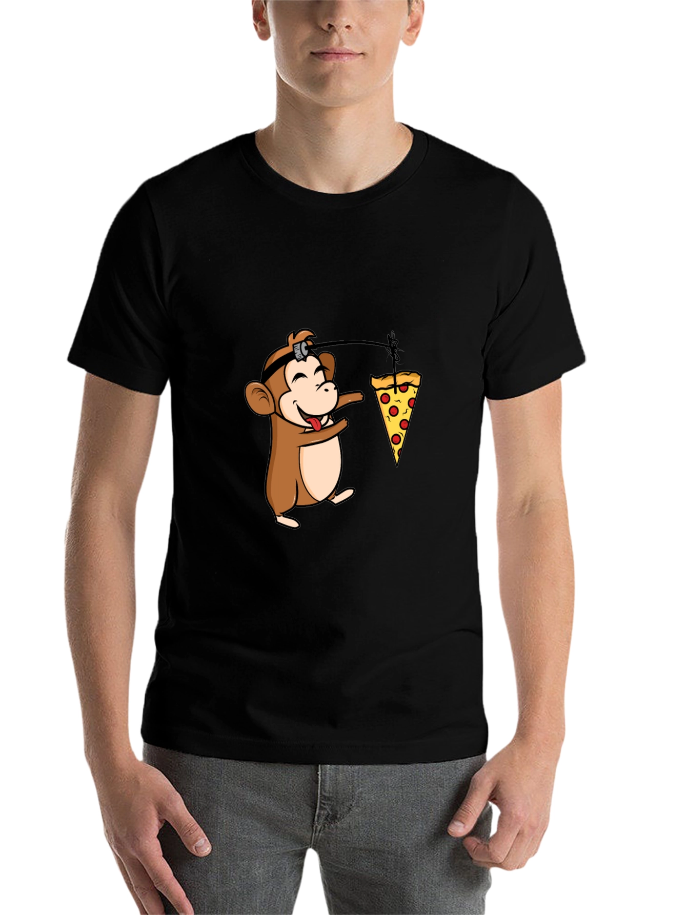 Black Funny Monkey Pizza T-Shirt - Novelty Cartoon Tee view 7