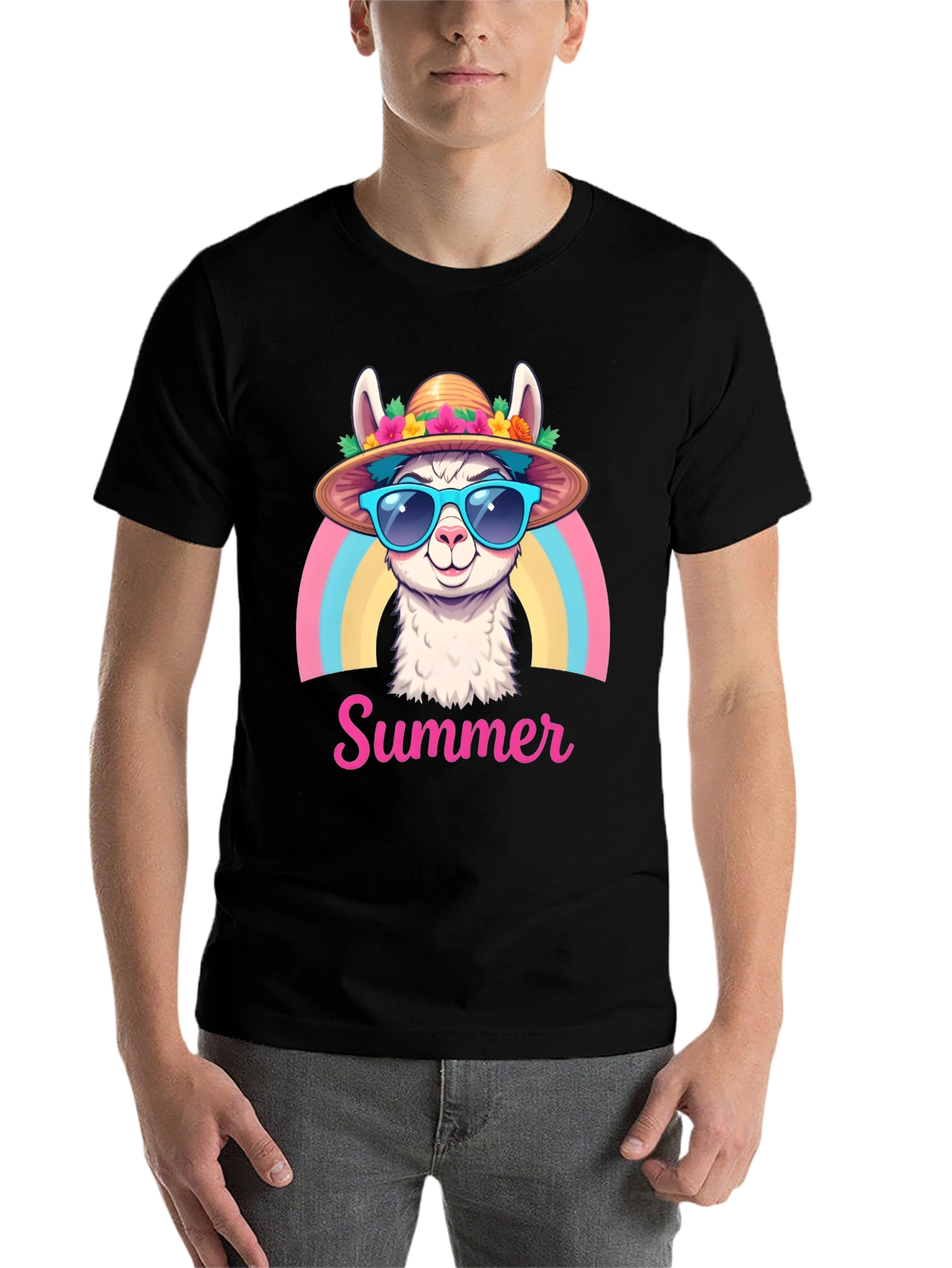 Black Summer Llama T-Shirt Rainbow Hat Sunglasses view 7
