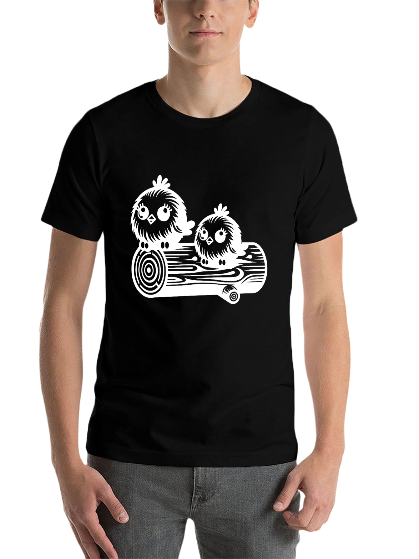 Black Cute Bird on a Log Graphic T-Shirt view 7