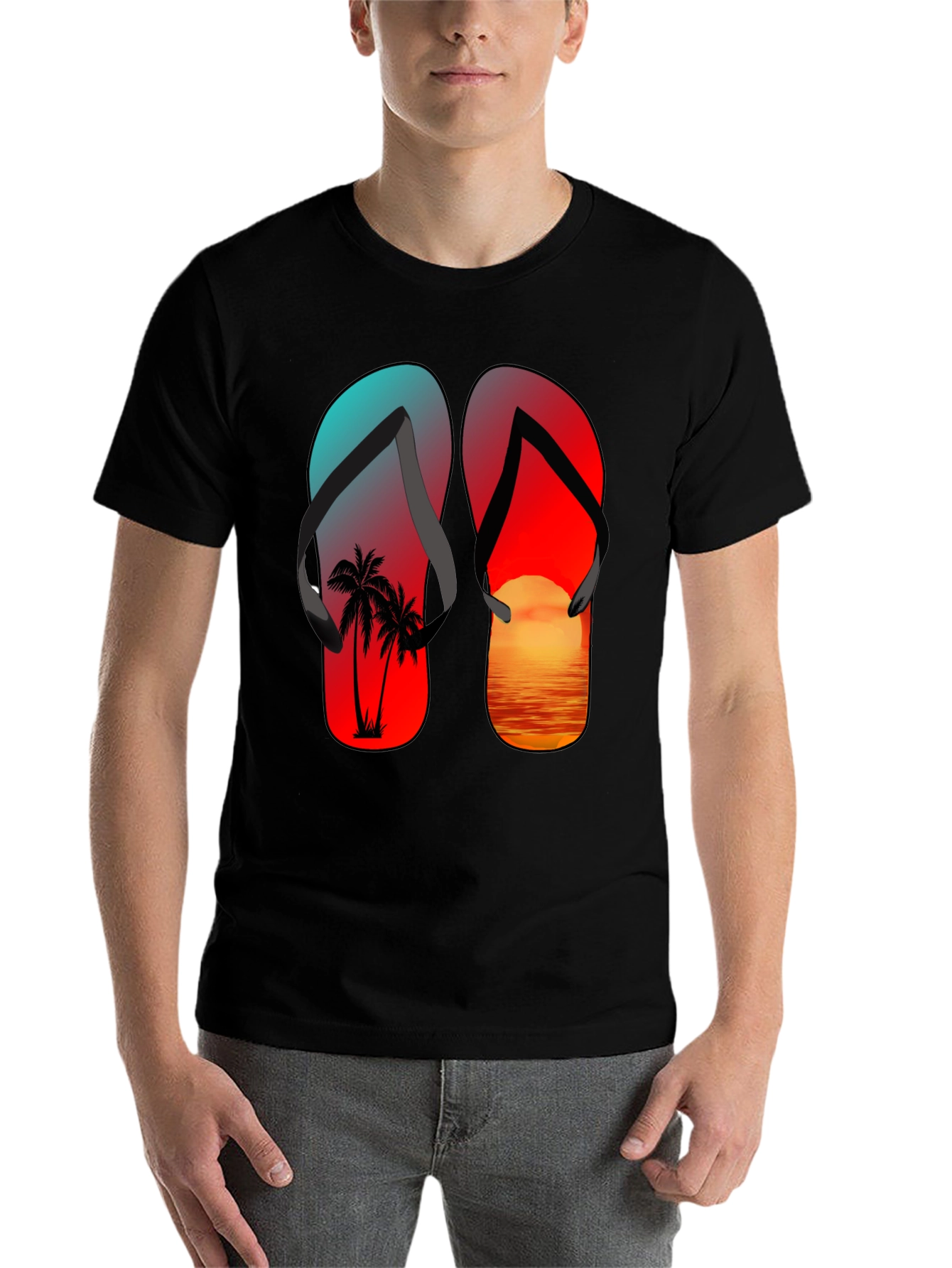 Black Tropical Flip Flop Sunset T-Shirt view 7