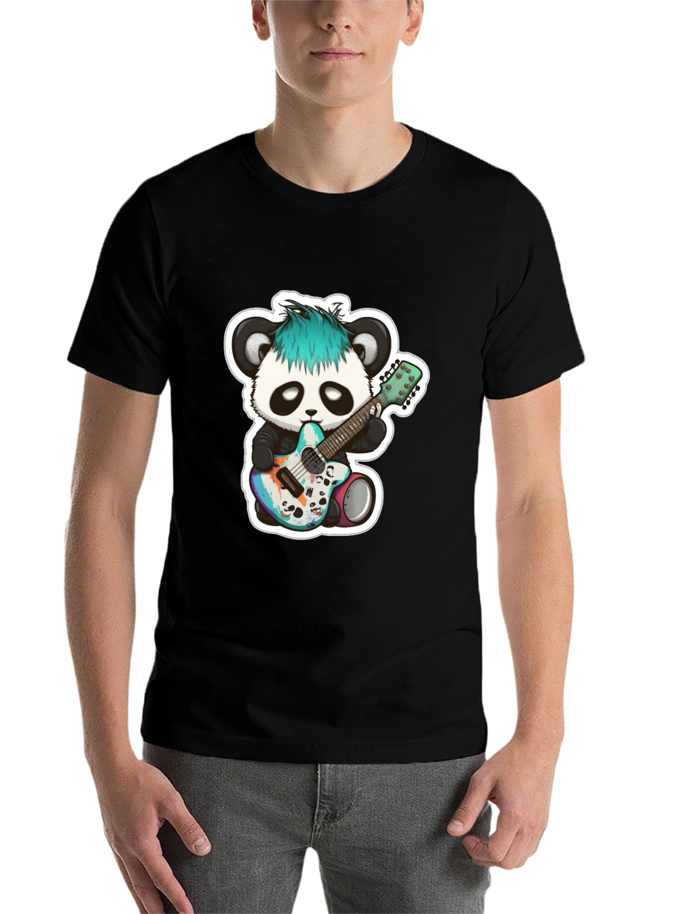 Black Cool Panda Guitarist Black T-Shirt view 7