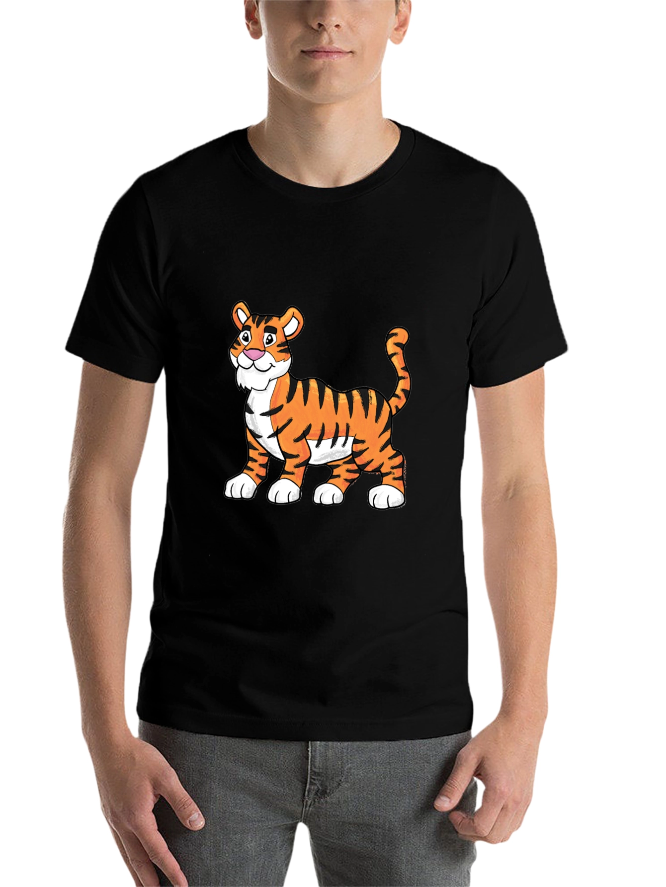 Black Cartoon Tiger Graphic Tee - Soft Black Cotton view 7
